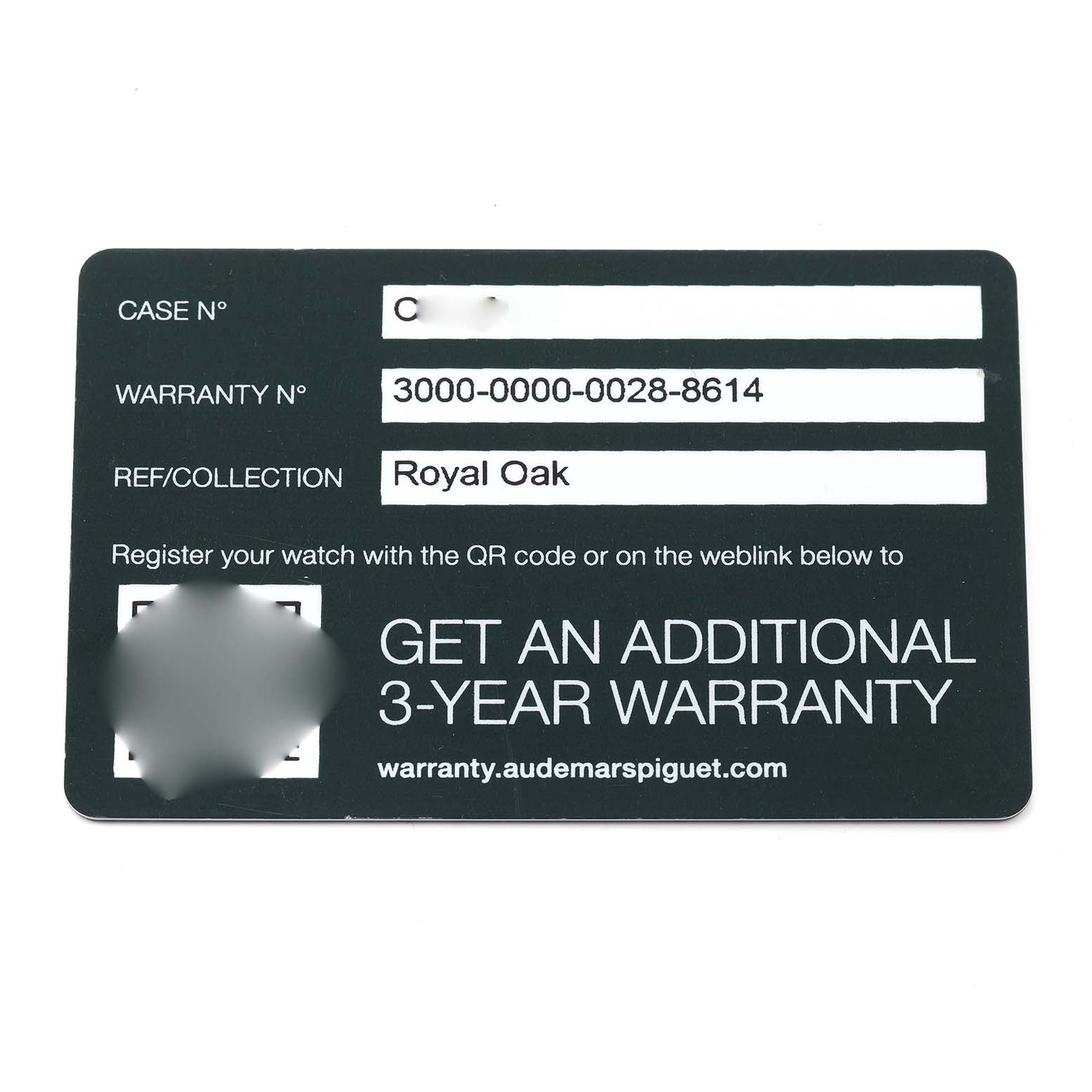 This image shows a warranty card for a Royal Oak model by Audemars Piguet, displaying relevant details and instructions.