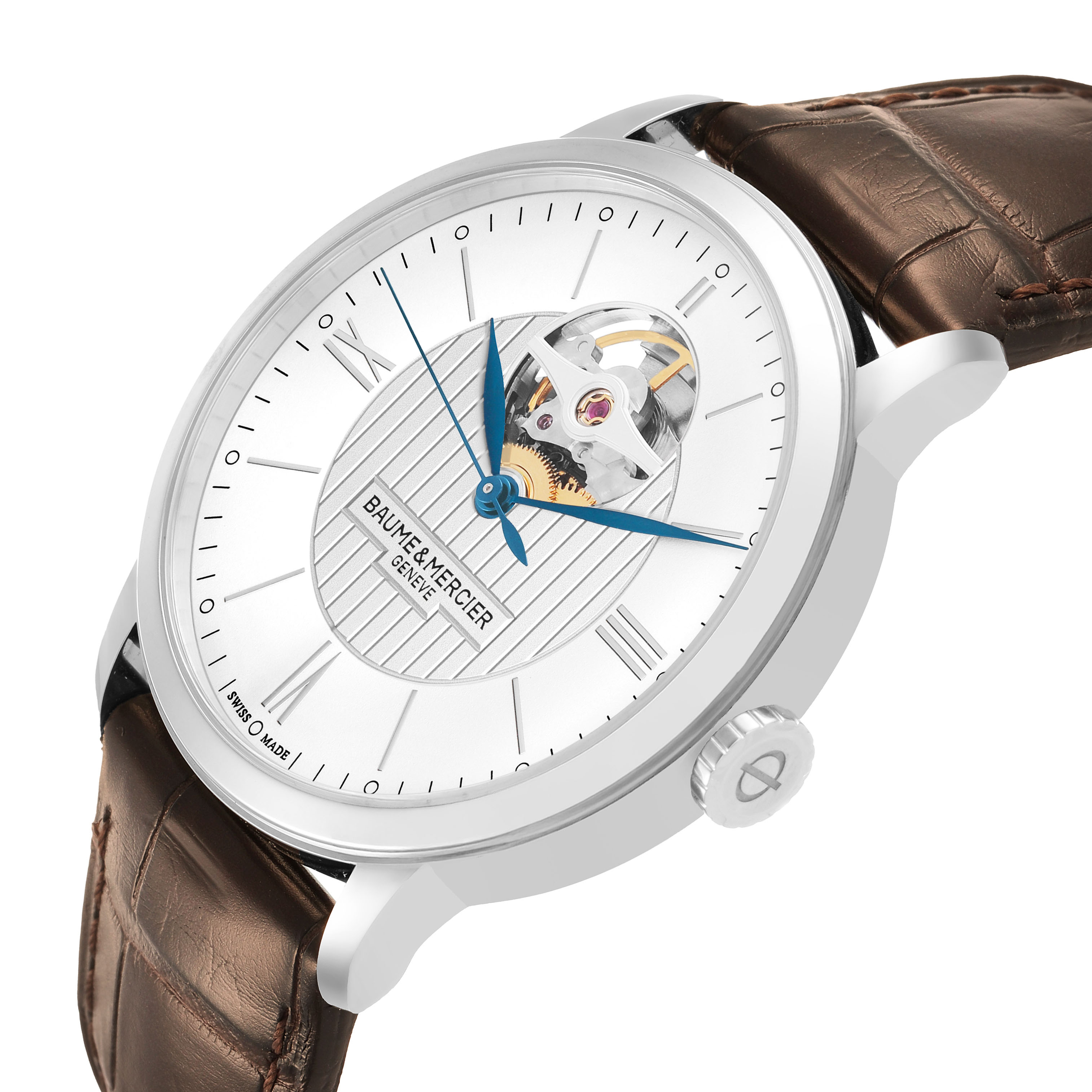 The Baume & Mercier Classima M0A10274 Men's Stainless Steel Silver Dial watch is shown at a slight side angle, highlighting the open heart dial and brown leather strap.