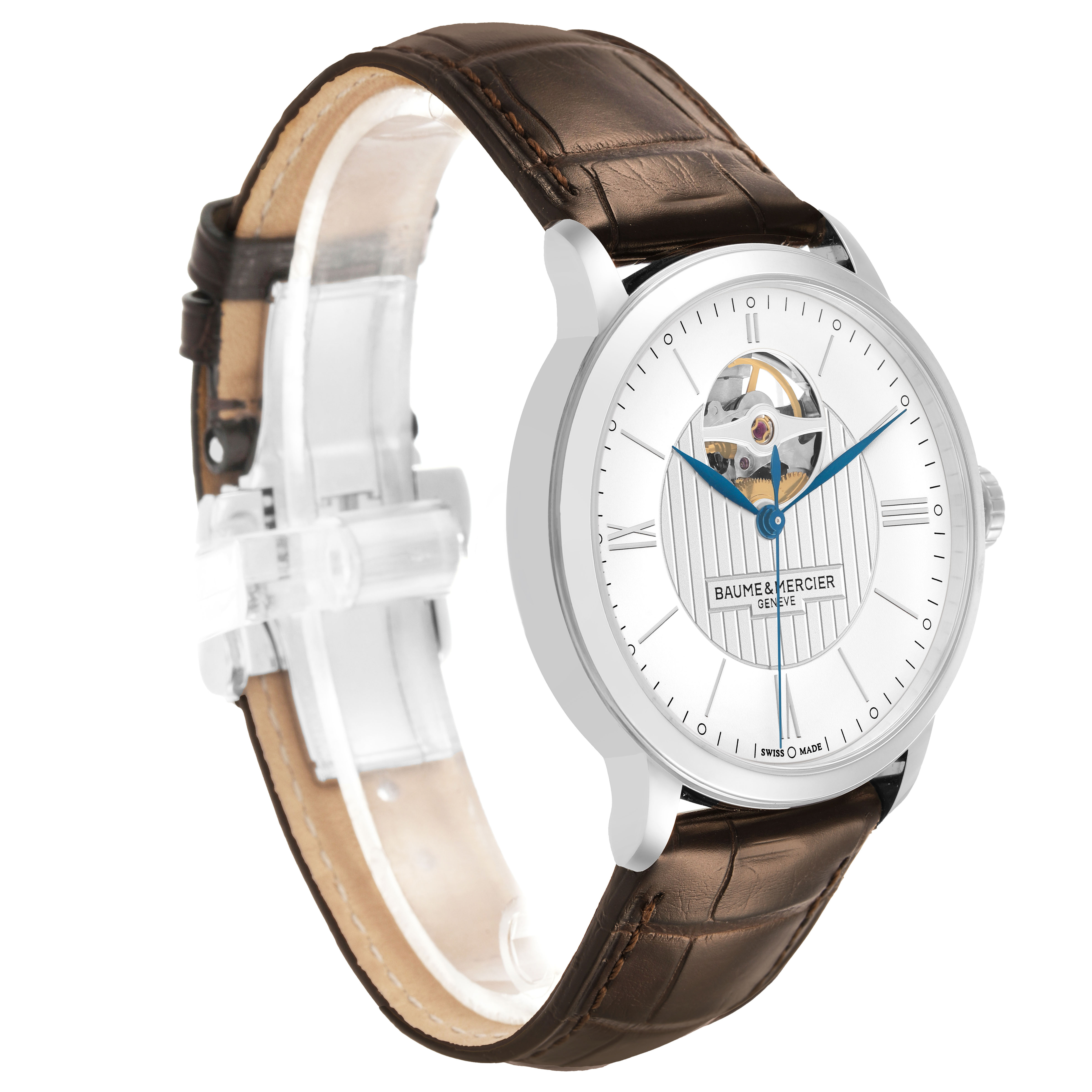 The Baume & Mercier Classima M0A10274 Men's Stainless Steel Silver Dial watch is shown at a side angle displaying the dial, brown leather strap, and part of the buckle.