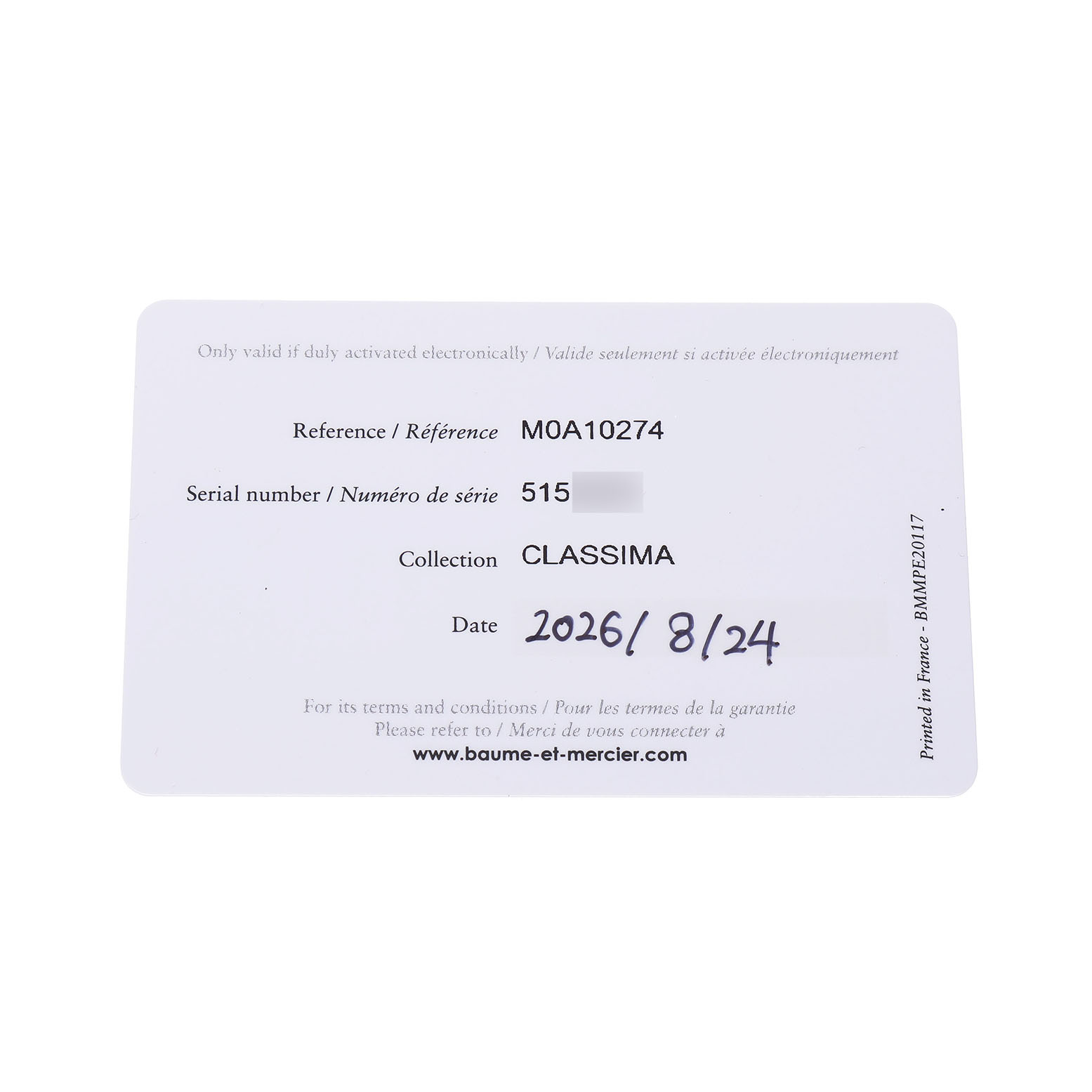 The image shows a warranty card for a Baume & Mercier Classima M0A10274 Men's Stainless Steel Silver Dial watch.