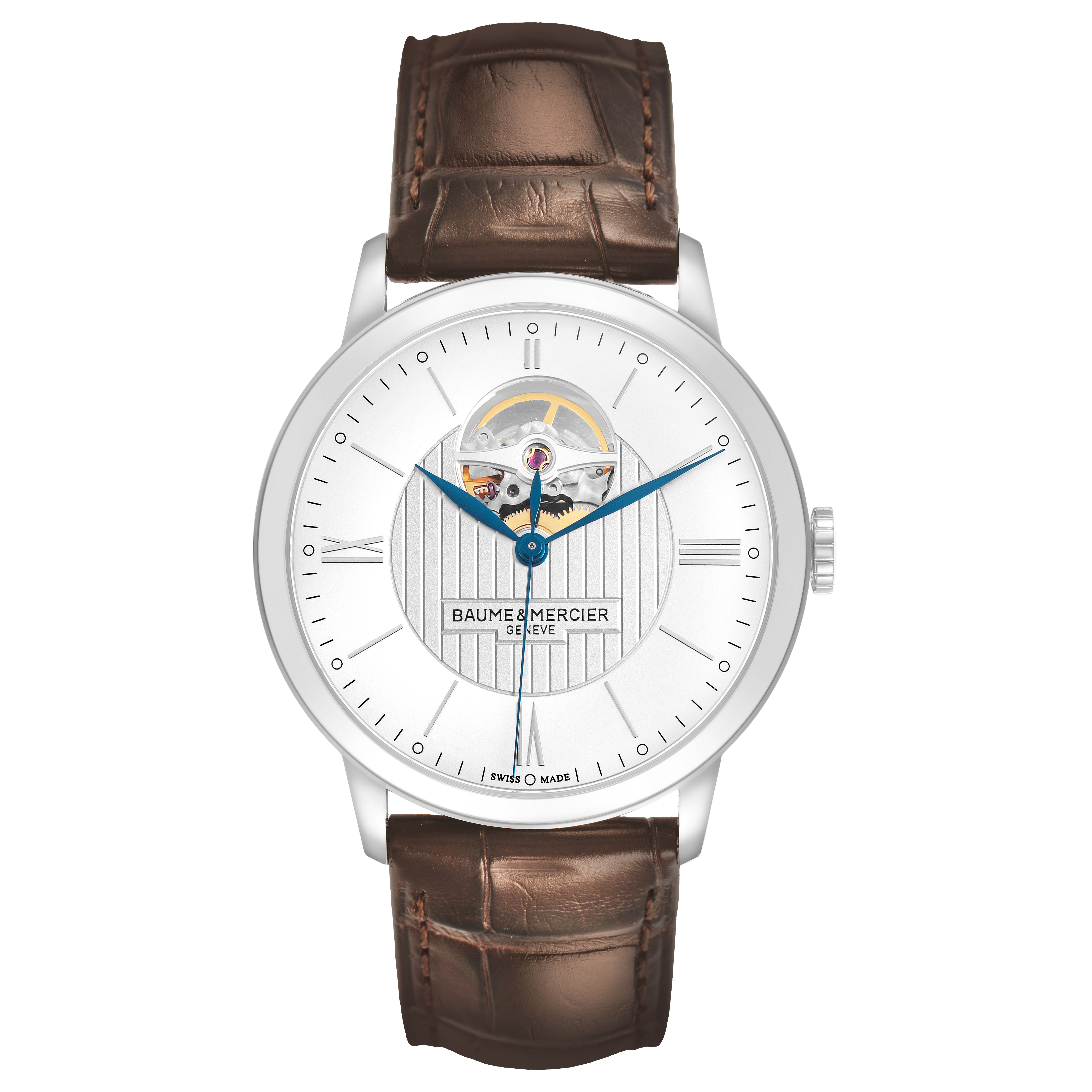 The Baume & Mercier Classima M0A10274 Men's Stainless Steel Silver Dial watch is shown from the front, highlighting the dial, hands, and leather strap.