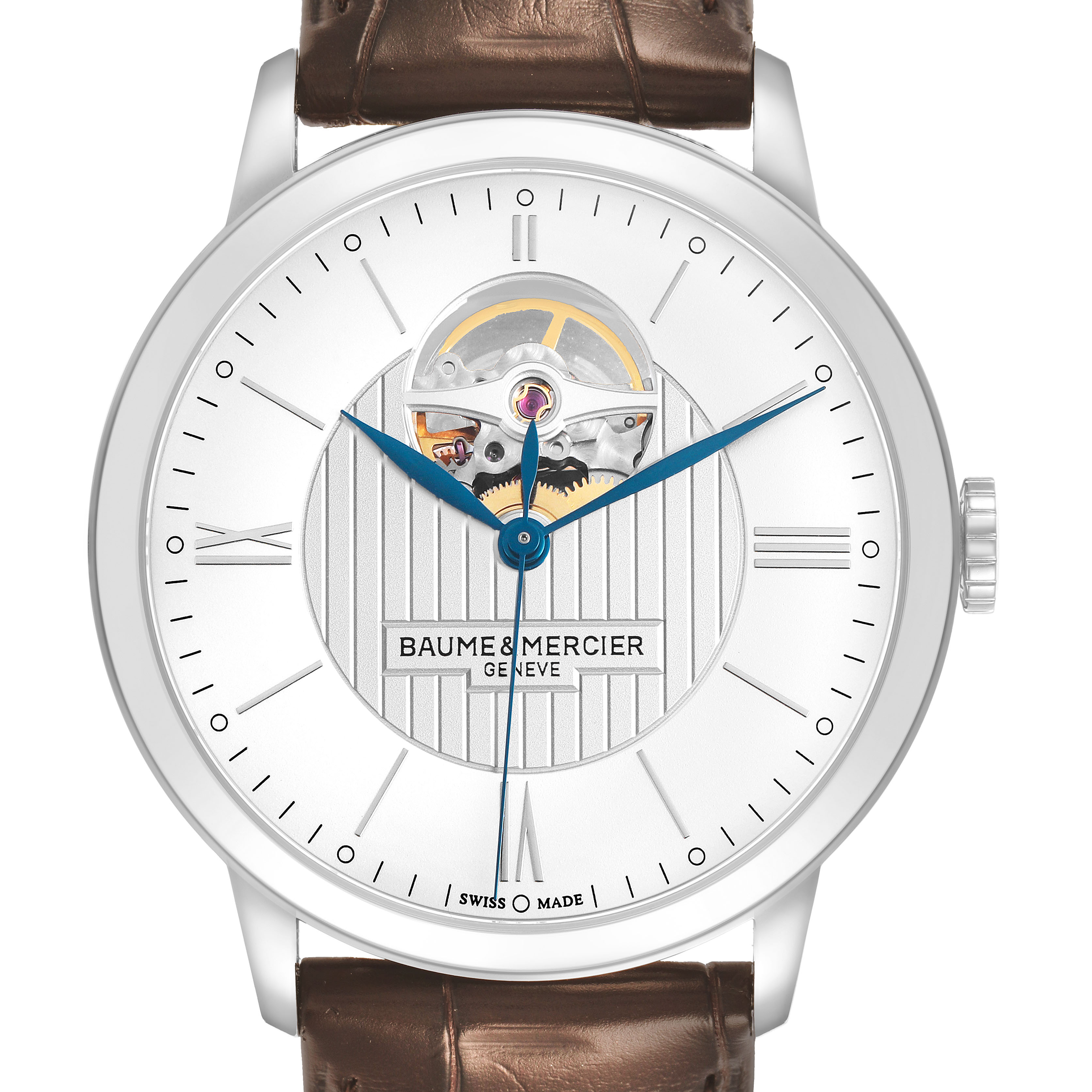 The Baume & Mercier Classima M0A10274 Men's Stainless Steel Silver Dial watch is shown from a front angle with visible blue hands and a partial open-heart mechanism.