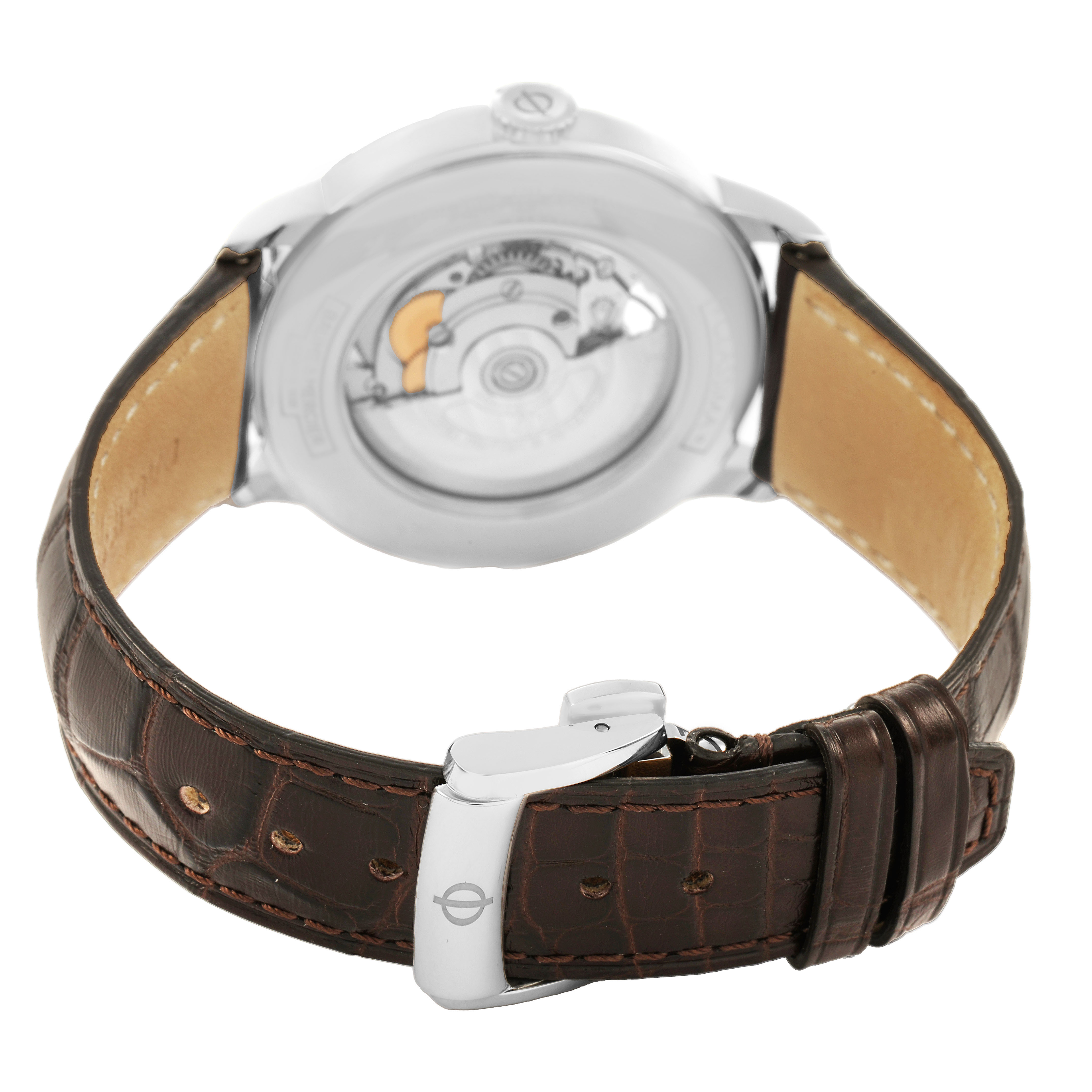 The image shows the back of the Baume & Mercier Classima M0A10274 Men's Stainless Steel Silver Dial watch, highlighting the transparent case back and leather strap with clasp.