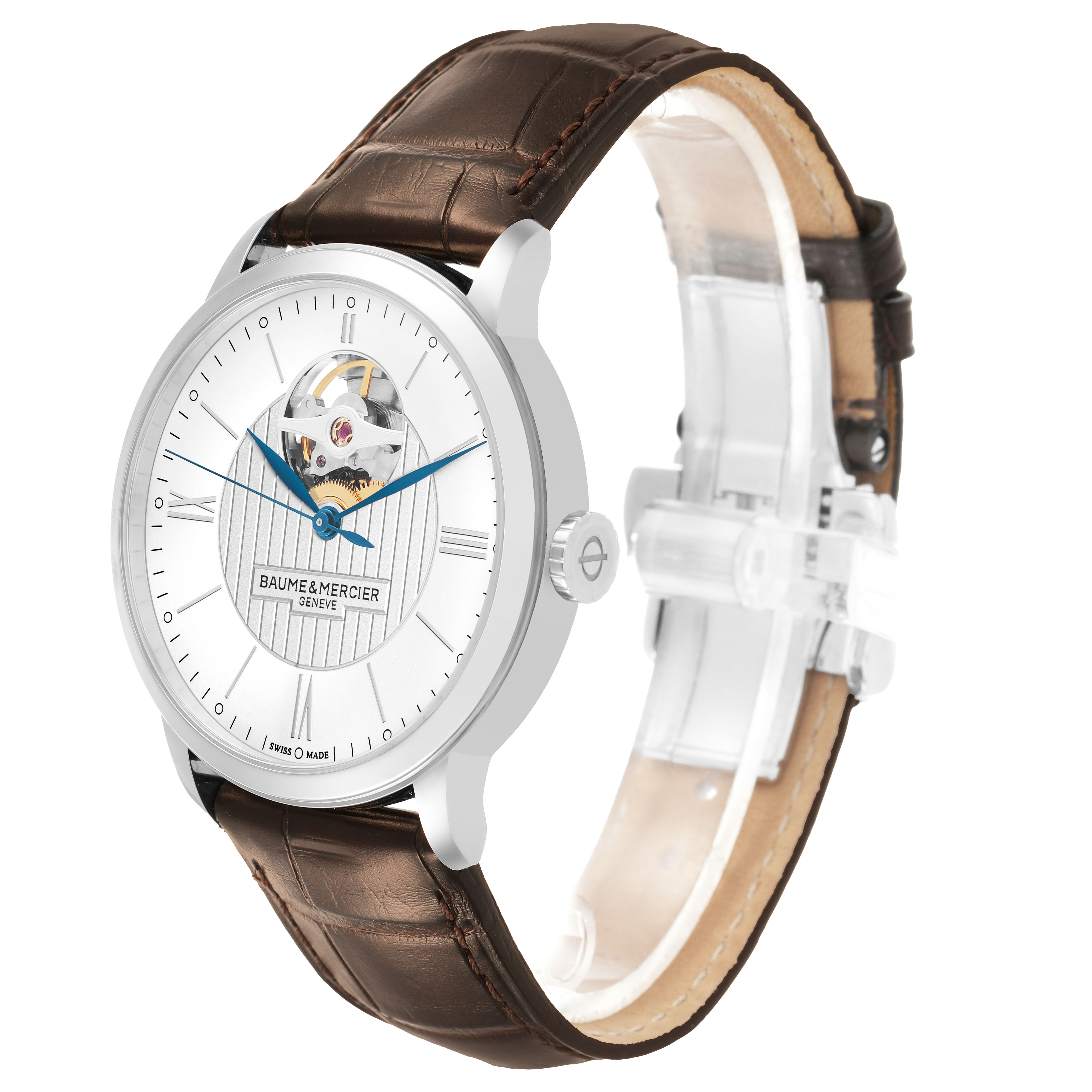 This Baume & Mercier Classima M0A10274 Men's Stainless Steel Silver Dial watch is shown at a three-quarter angle, displaying the face, crown, and the leather strap.