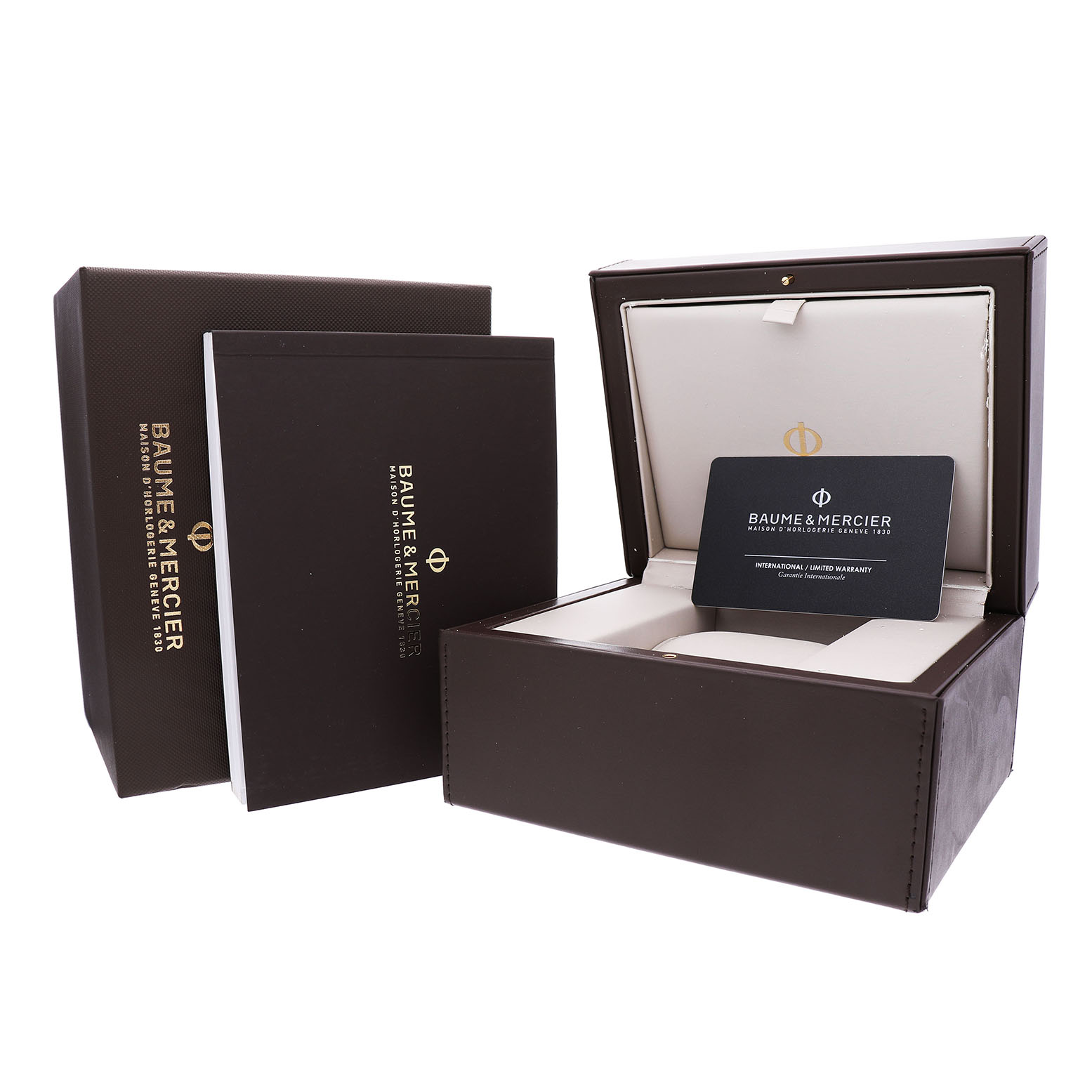 The image shows Baume & Mercier Classima M0A10274 Men's Stainless Steel Silver Dial watch packaging, including the outer box, the main watch box, and a warranty card.