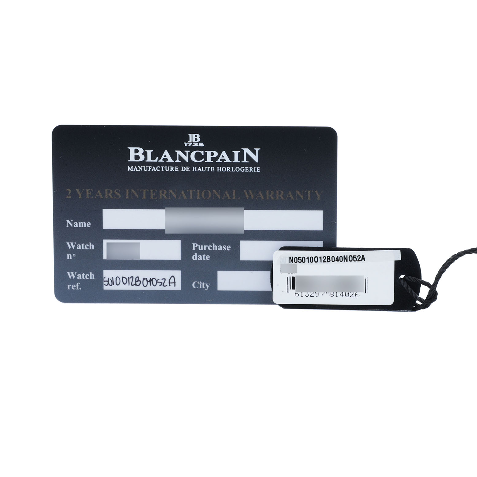 The image shows a warranty card and tag for the Blancpain Fifty Fathoms 5010-12B40-O52A Men's Titanium Blue Dial watch.