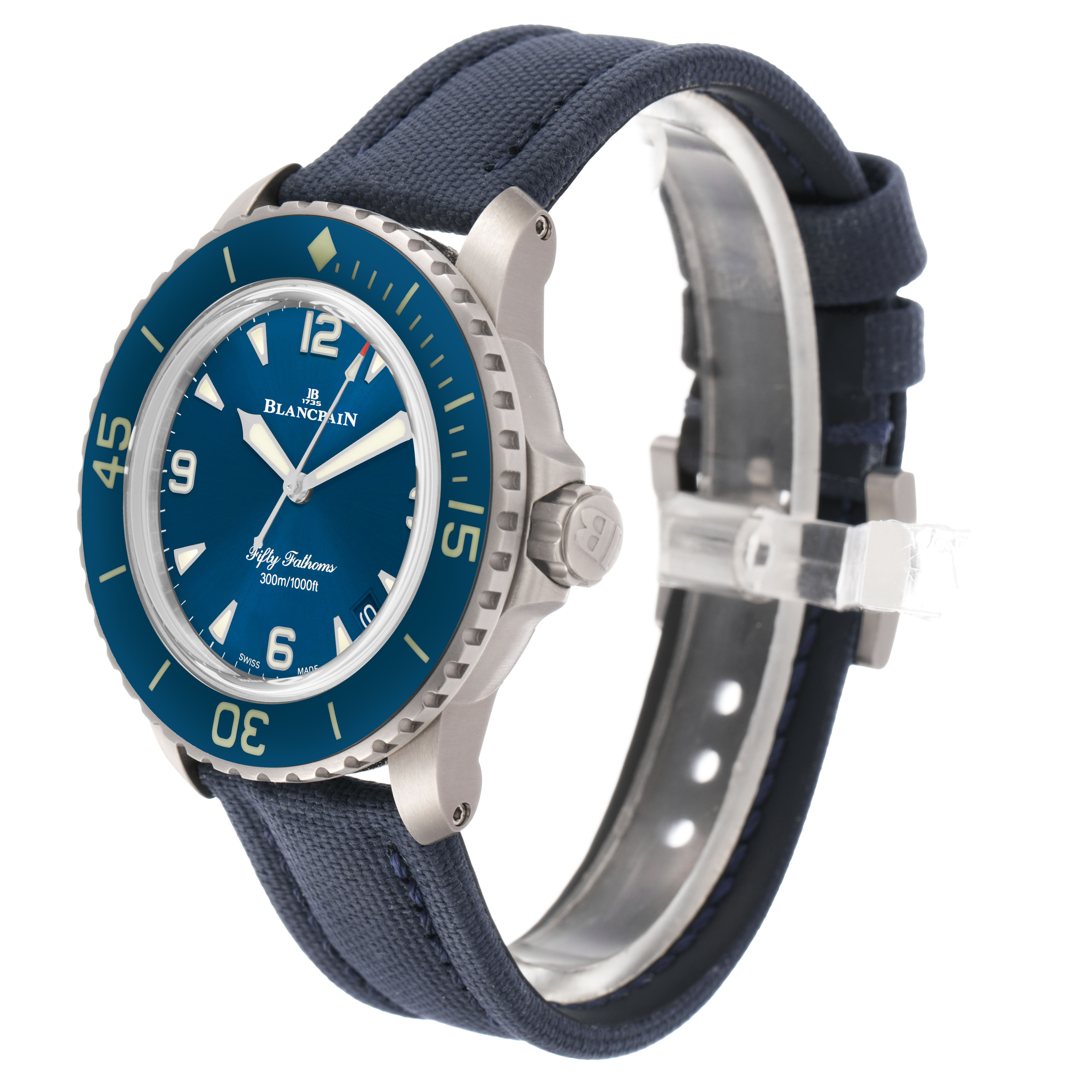 The Blancpain Fifty Fathoms 5010-12B40-O52A Men's Titanium Blue Dial watch is shown at a three-quarter angle, highlighting the case, crown, dial, and blue strap.