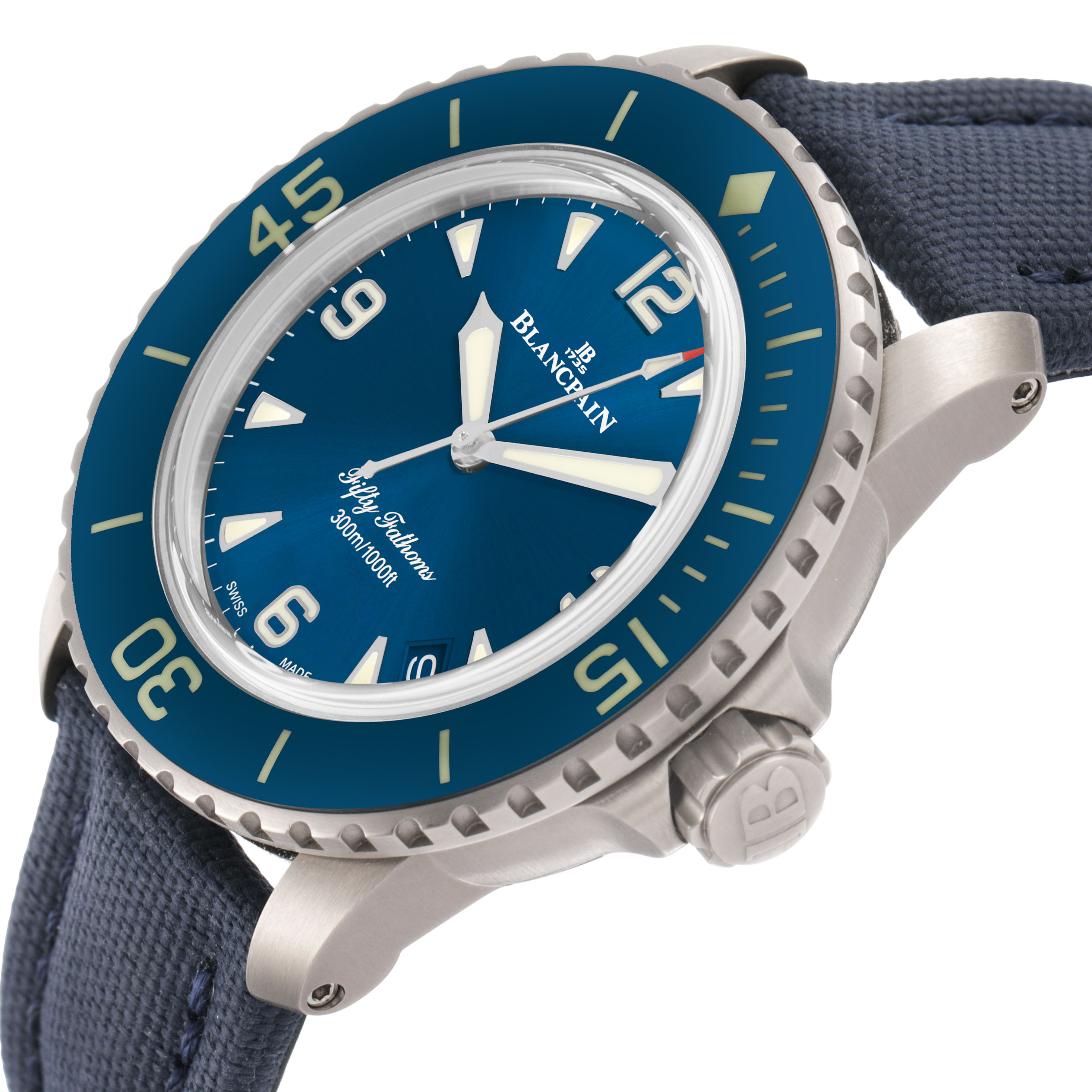 The Blancpain Fifty Fathoms 5010-12B40-O52A Men's Titanium Blue Dial watch is shown at an angled view, highlighting the blue dial, bezel, crown, and part of the strap.