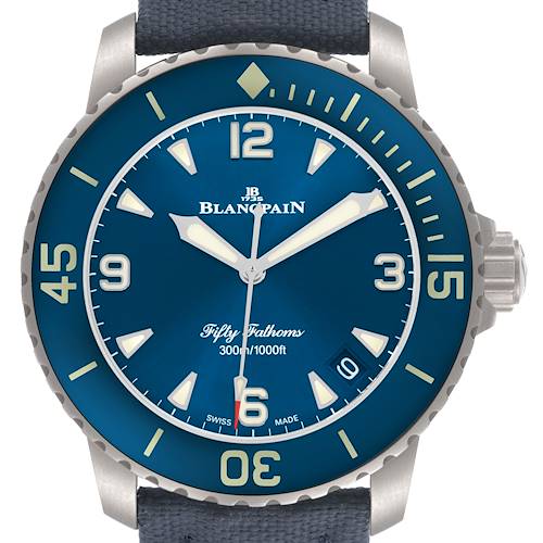 The Blancpain Fifty Fathoms 5010-12B40-O52A Men's Titanium Blue Dial watch is shown from the front, highlighting the dial, bezel, and crown.
