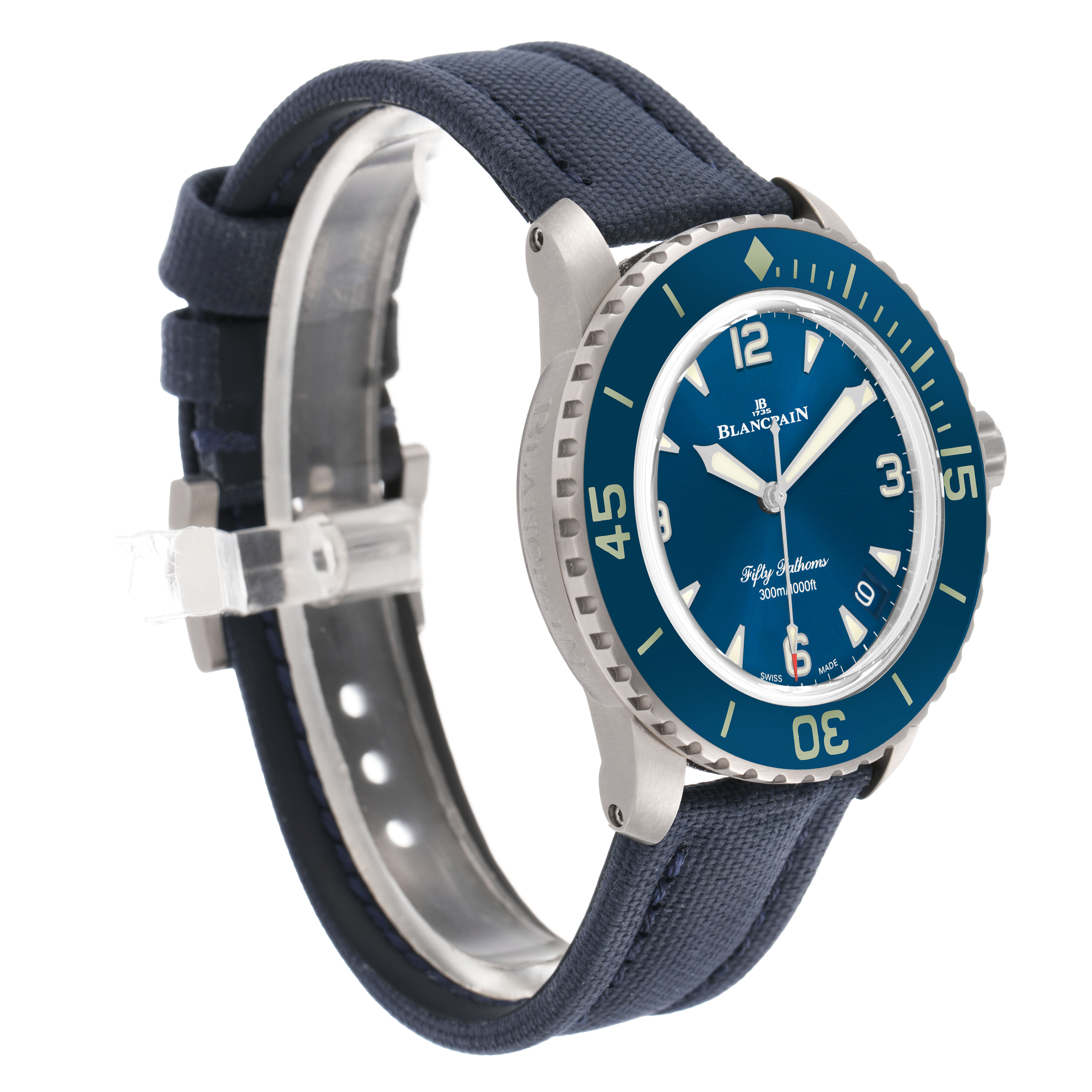 The Blancpain Fifty Fathoms 5010-12B40-O52A Men's Titanium Blue Dial watch is shown at a three-quarter angle, highlighting the blue dial, bezel, and strap.