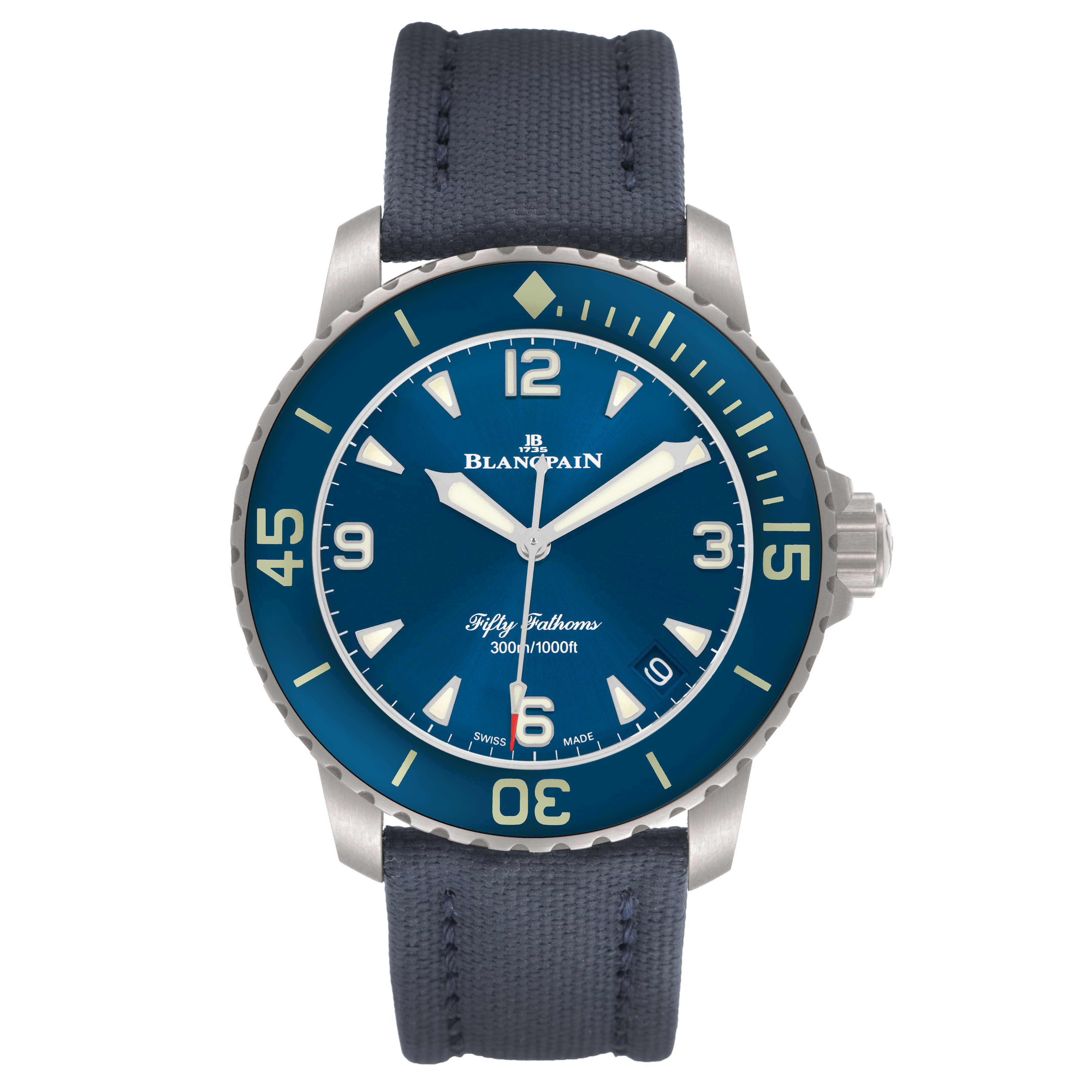 The Blancpain Fifty Fathoms 5010-12B40-O52A Men's Titanium Blue Dial watch is shown from the front, displaying the face, bezel, and strap.