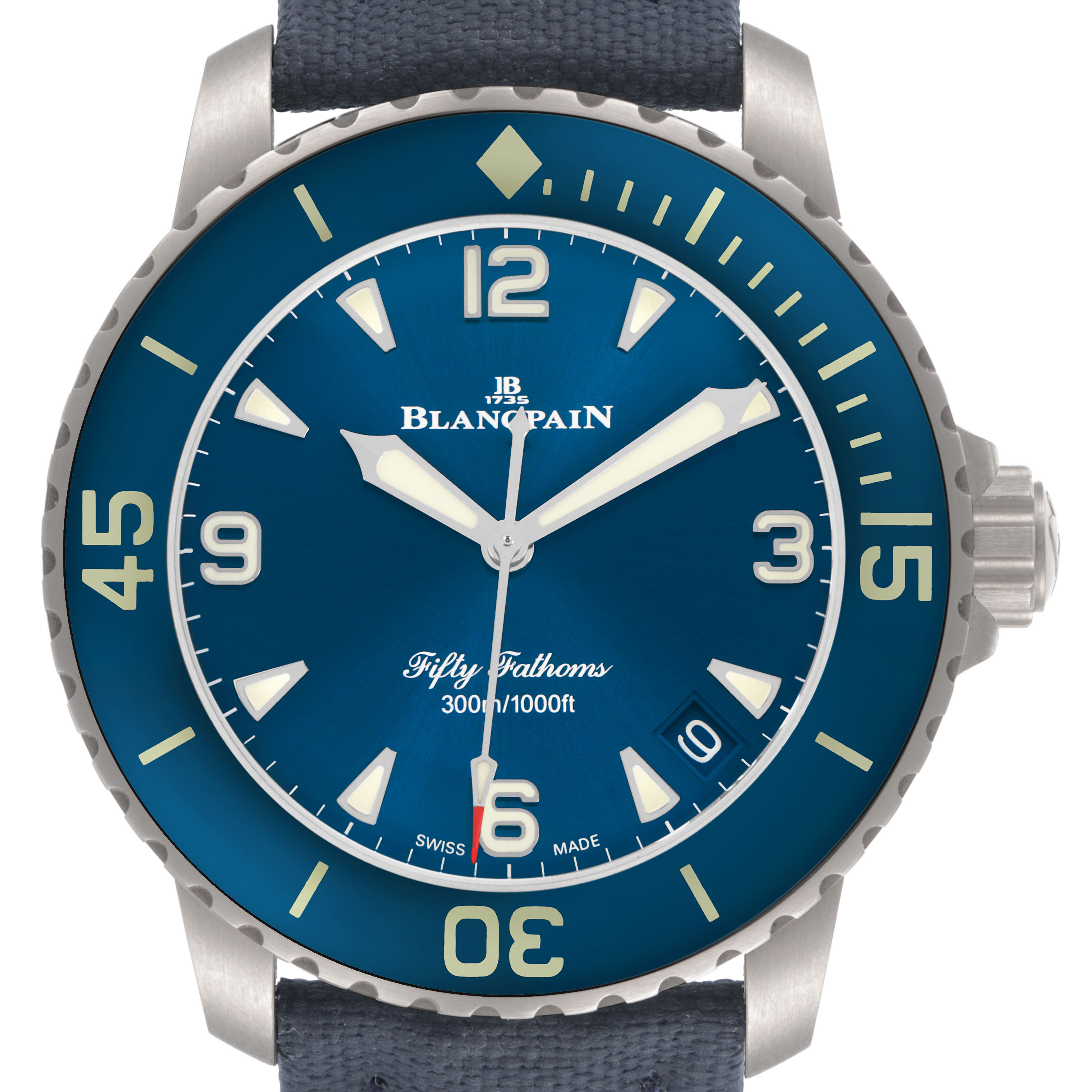 The image shows a frontal view of the Blancpain Fifty Fathoms 5010-12B40-O52A Men's Titanium Blue Dial watch, highlighting its blue dial, bezel, and numerals.