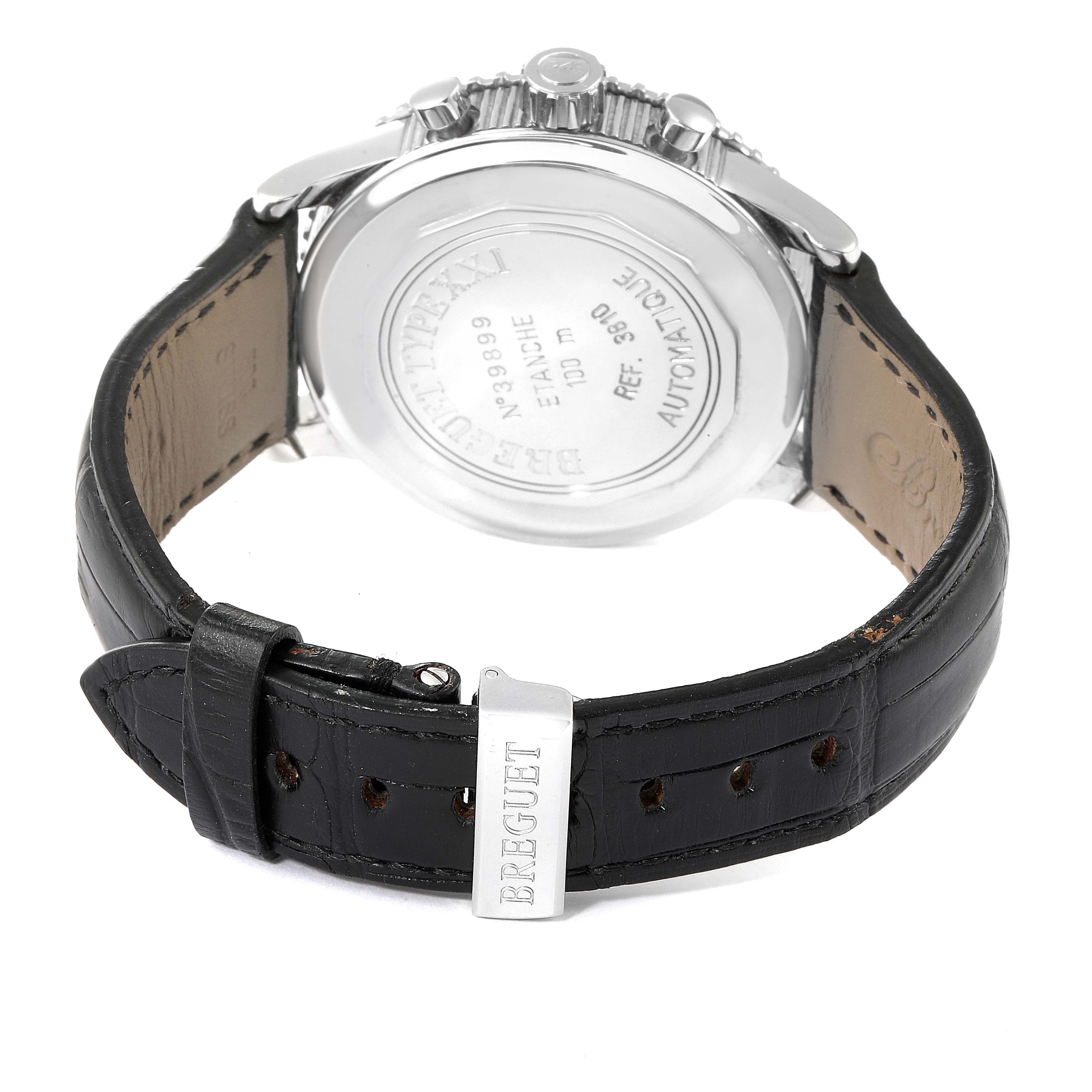 The image shows the back view of a Breguet Type XX - XXI - XXII 3810ST/92/9ZU Men's Stainless Steel Silver Dial 3810ST/92/9ZU Men's Stainless Steel Silver Dial watch with its black leather strap and engraved case back.