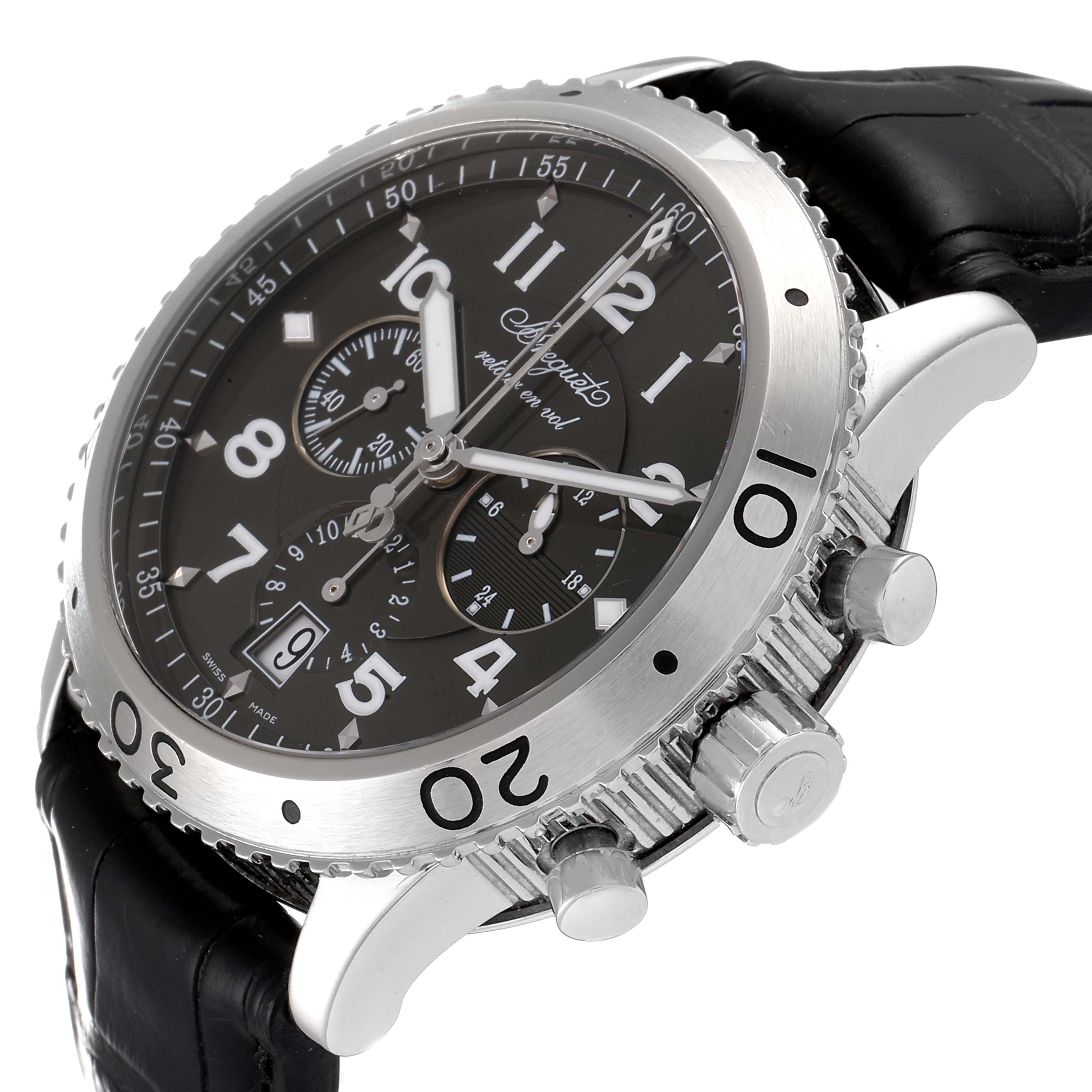 The image shows a Breguet Type XX - XXI - XXII 3810ST/92/9ZU Men's Stainless Steel Silver Dial 3810ST/92/9ZU Men's Stainless Steel Silver Dial watch at a close-up angle highlighting the face, bezel, and push buttons.