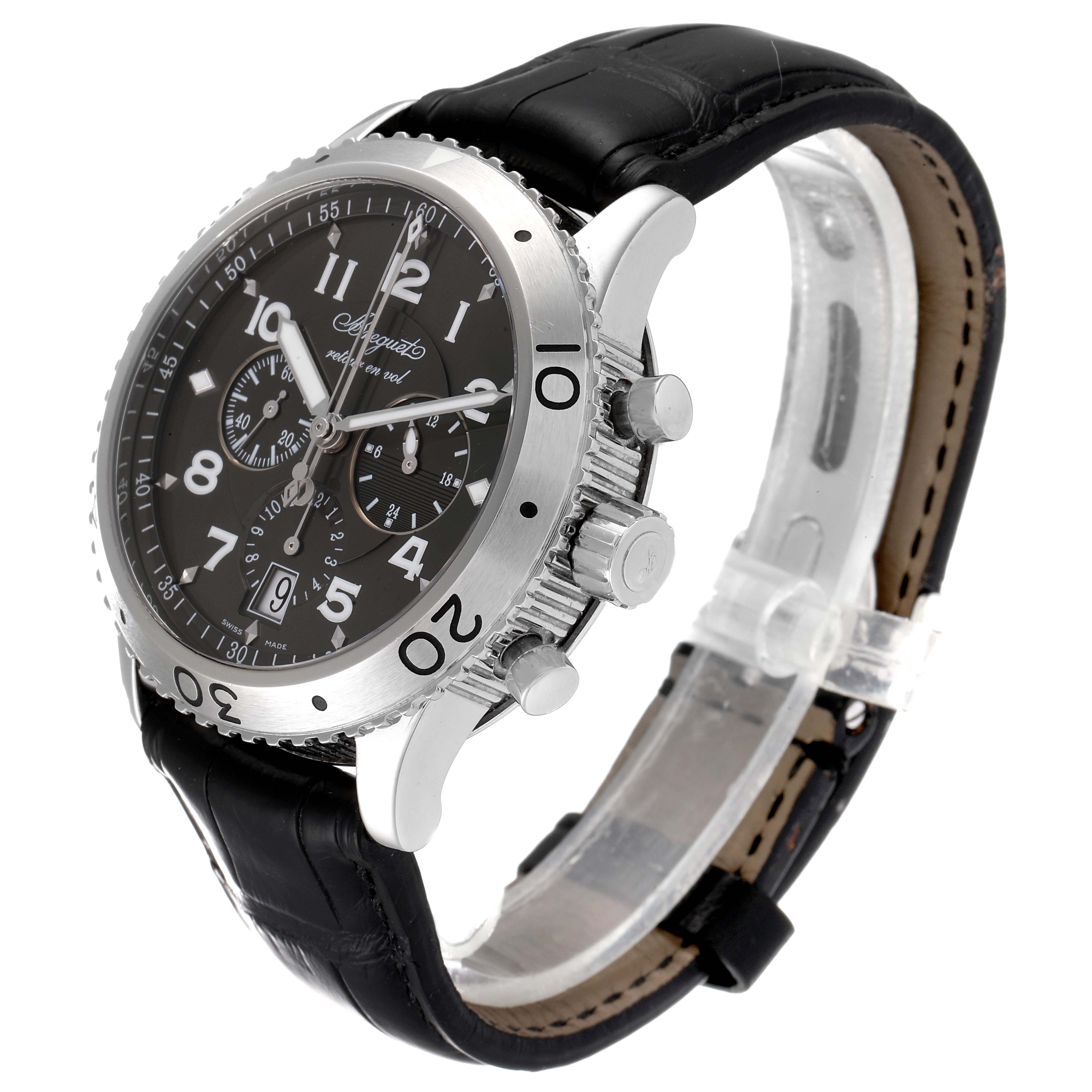 This Breguet Type XX - XXI - XXII 3810ST/92/9ZU Men's Stainless Steel Silver Dial 3810ST/92/9ZU Men's Stainless Steel Silver Dial watch is shown at a slight angle, highlighting its face, bezel, crown, pushers, and leather strap.