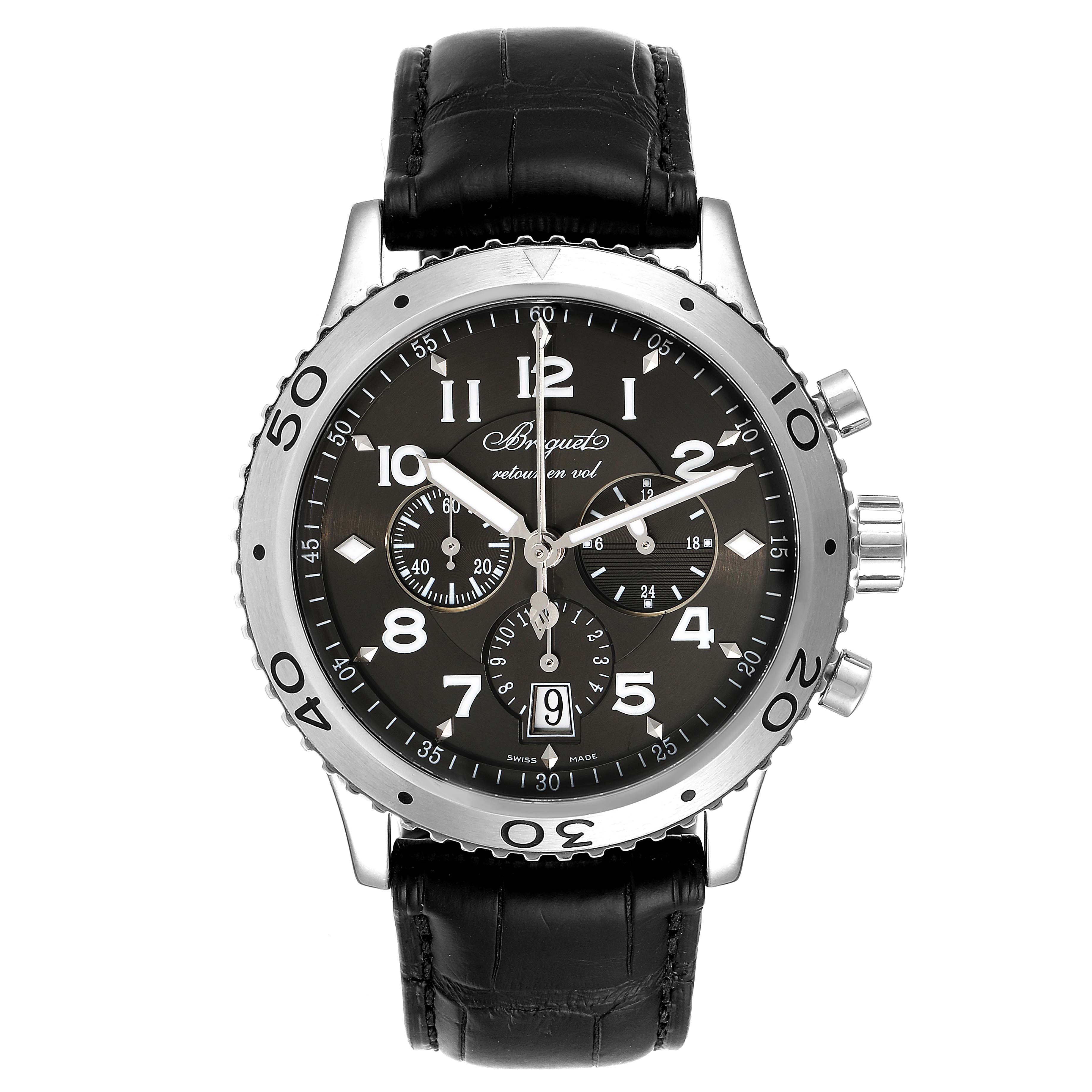 The Breguet Type XX - XXI - XXII 3810ST/92/9ZU Men's Stainless Steel Silver Dial 3810ST/92/9ZU Men's Stainless Steel Silver Dial watch is shown from the front, highlighting its dial, subdials, bezel, and strap.