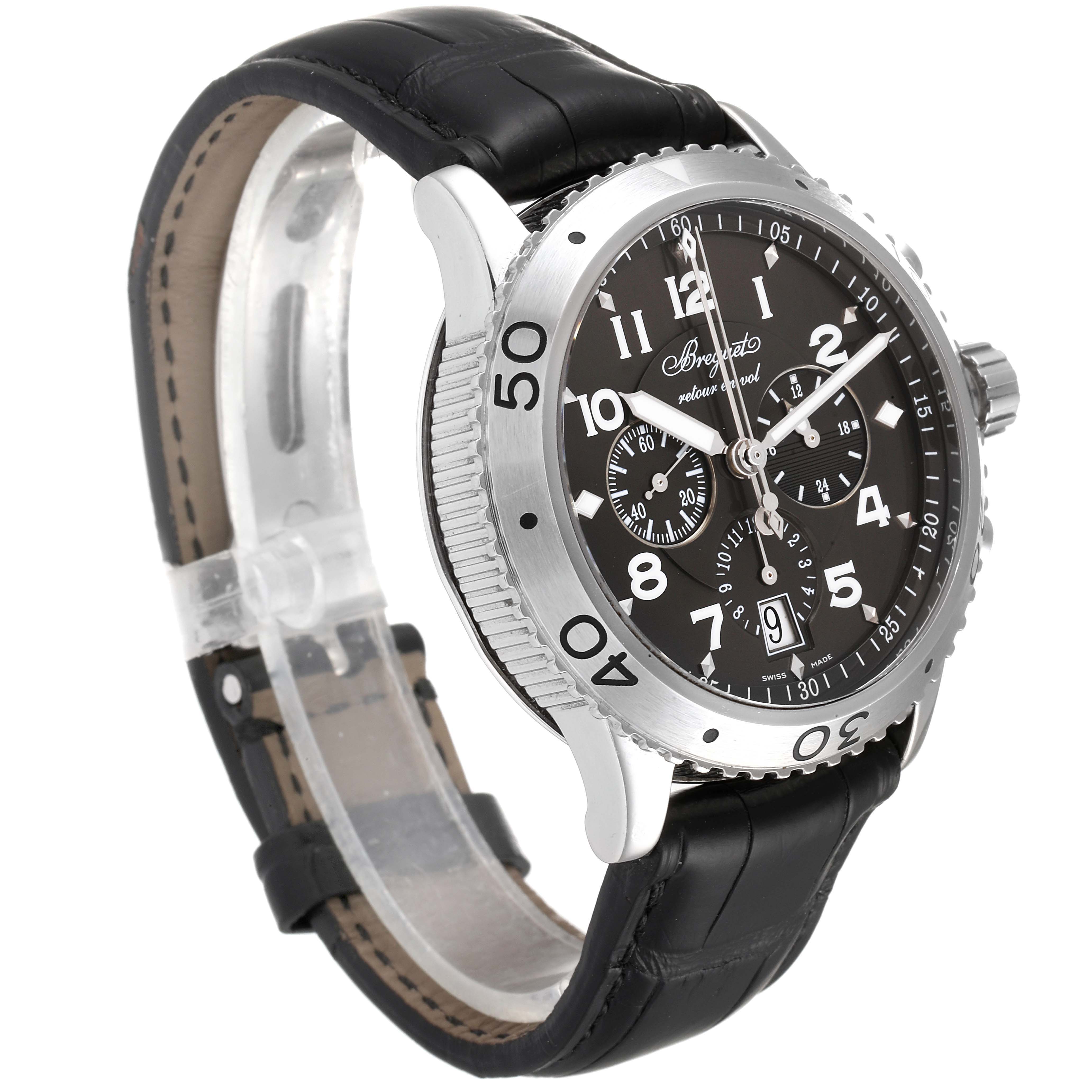 The image shows a Breguet Type XX - XXI - XXII 3810ST/92/9ZU Men's Stainless Steel Silver Dial 3810ST/92/9ZU Men's Stainless Steel Silver Dial watch at a slight angle revealing the face, bezel, and partially the black leather strap.
