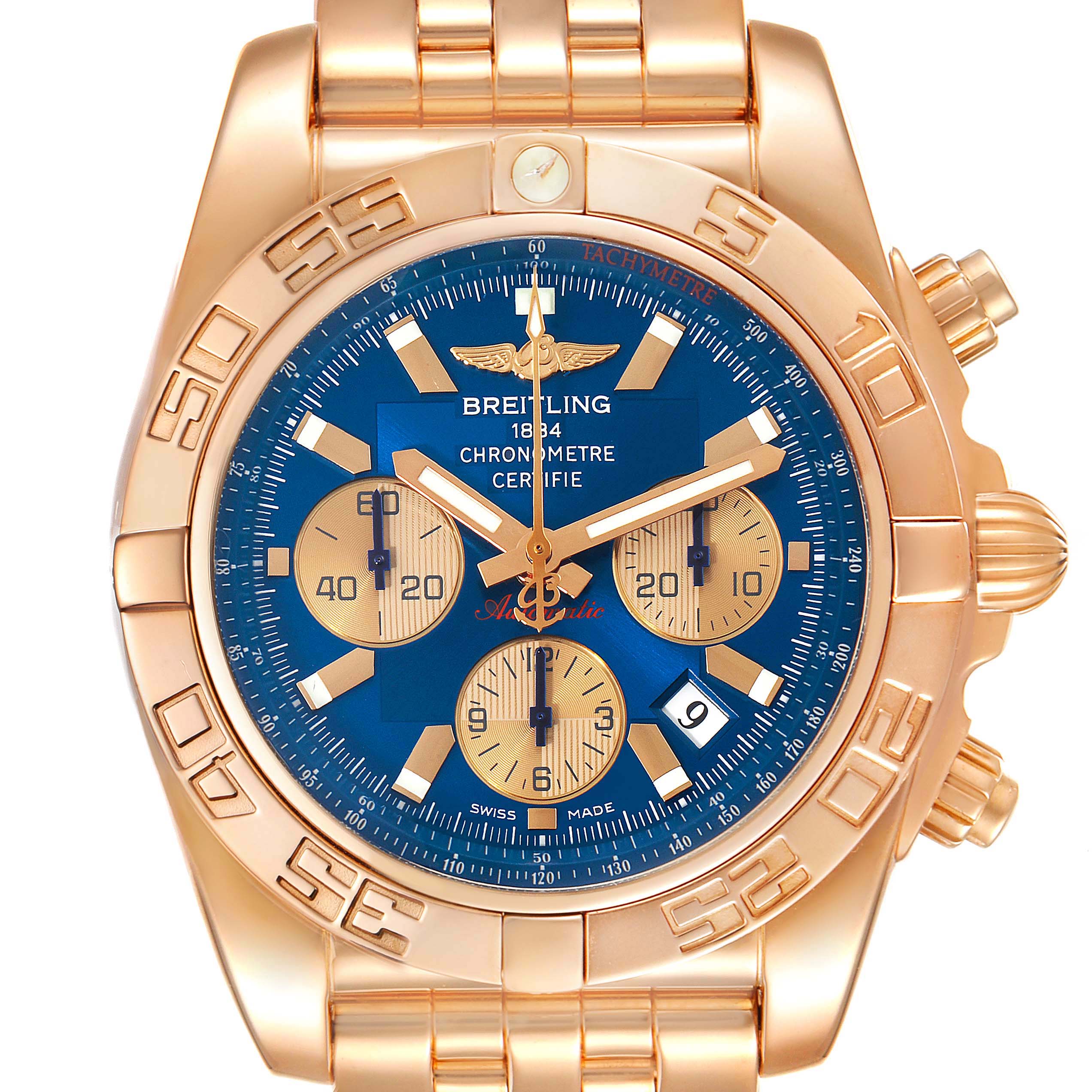 This Breitling Chronomat HB0110 Men's Rose Gold Blue Dial HB0110 Men's Rose Gold Blue Dial watch is shown head-on, detailing the face, subdials, tachymeter bezel, and part of the bracelet.