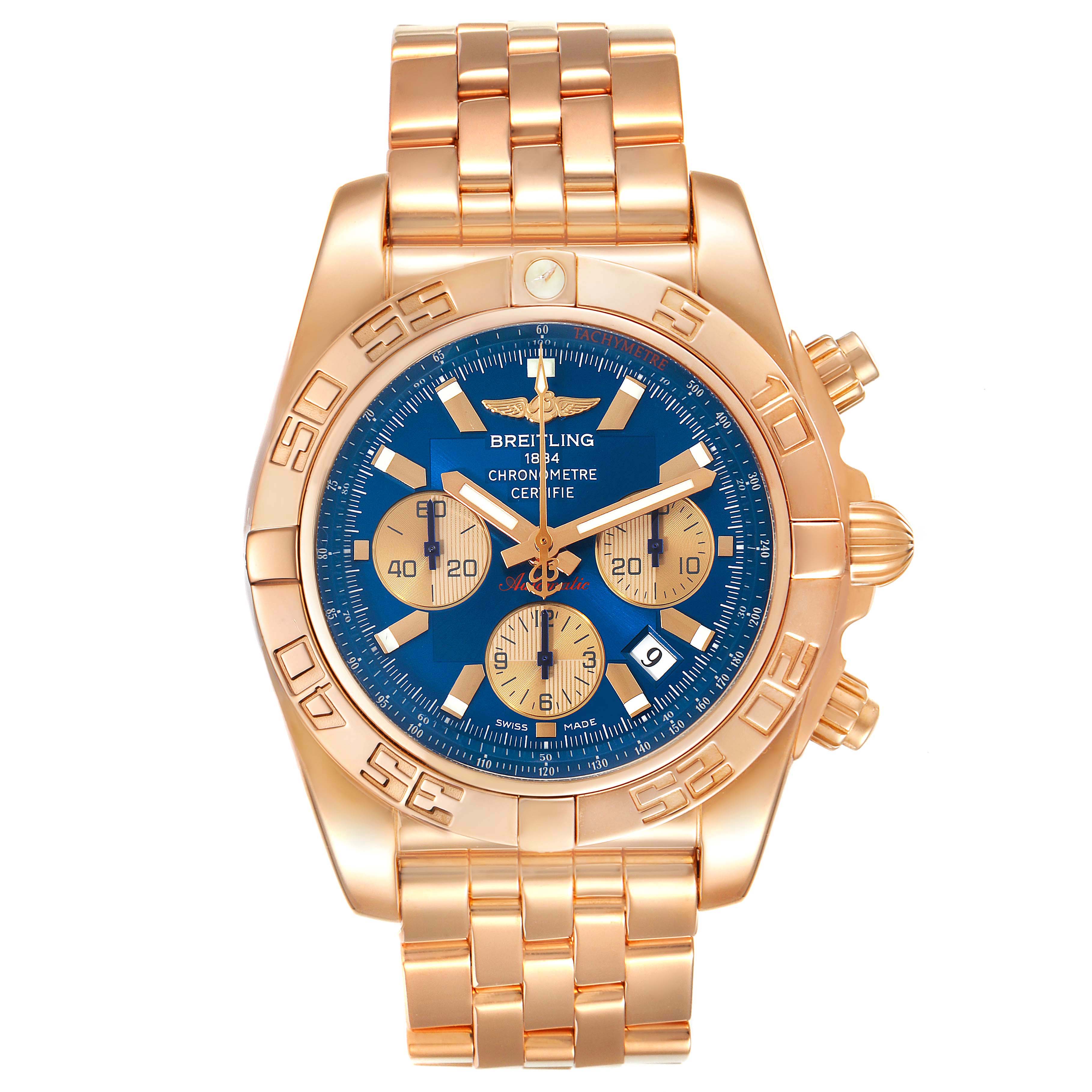 The Breitling Chronomat HB0110 Men's Rose Gold Blue Dial HB0110 Men's Rose Gold Blue Dial watch is shown from a front angle, displaying the blue dial, gold case, and bracelet.