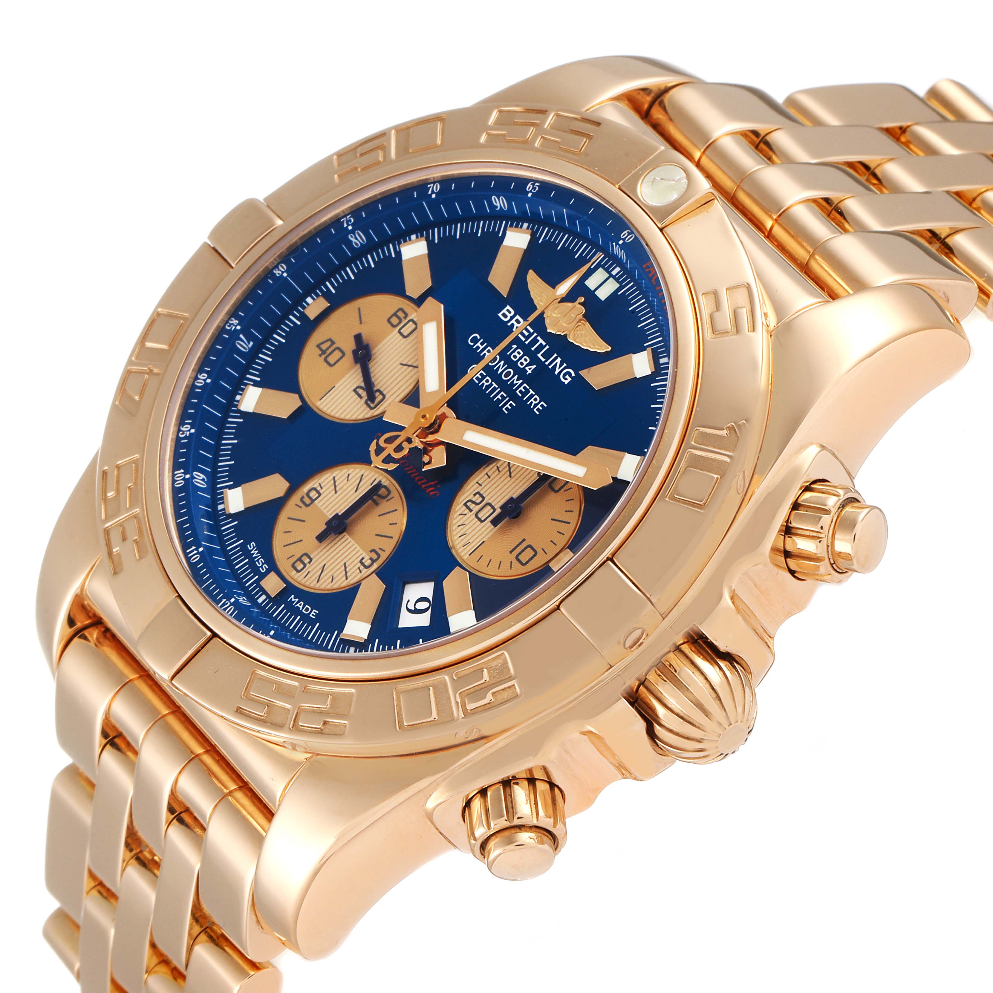 The image shows a Breitling Chronomat HB0110 Men's Rose Gold Blue Dial HB0110 Men's Rose Gold Blue Dial watch at a three-quarter angle highlighting its face, bezel, crown, and linked bracelet.