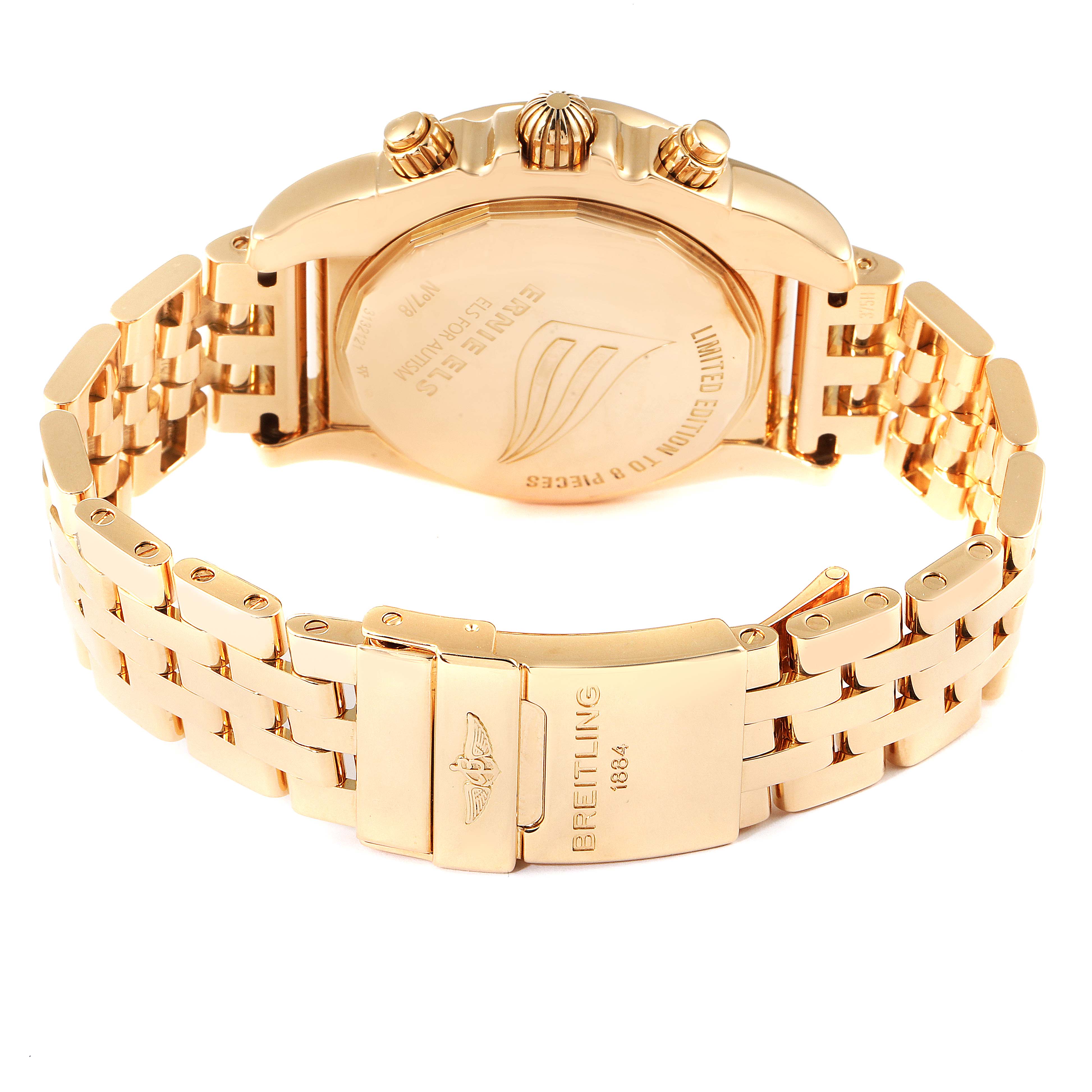 The image shows the back view of a Breitling Chronomat HB0110 Men's Rose Gold Blue Dial HB0110 Men's Rose Gold Blue Dial watch, highlighting its case back, bracelet, and clasp.