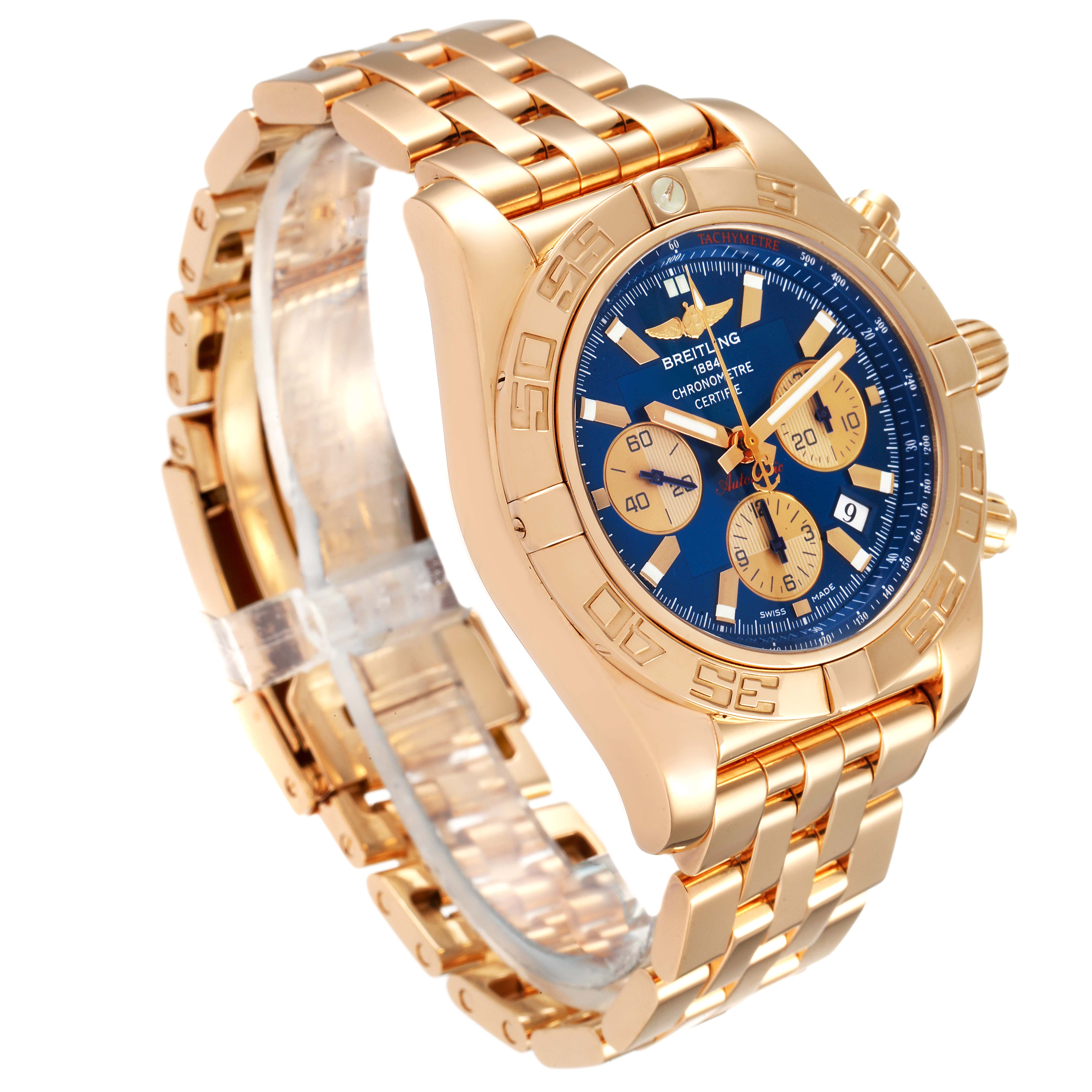 This Breitling Chronomat HB0110 Men's Rose Gold Blue Dial HB0110 Men's Rose Gold Blue Dial watch is shown at a three-quarter angle, highlighting its gold case, blue dial, and linked bracelet.