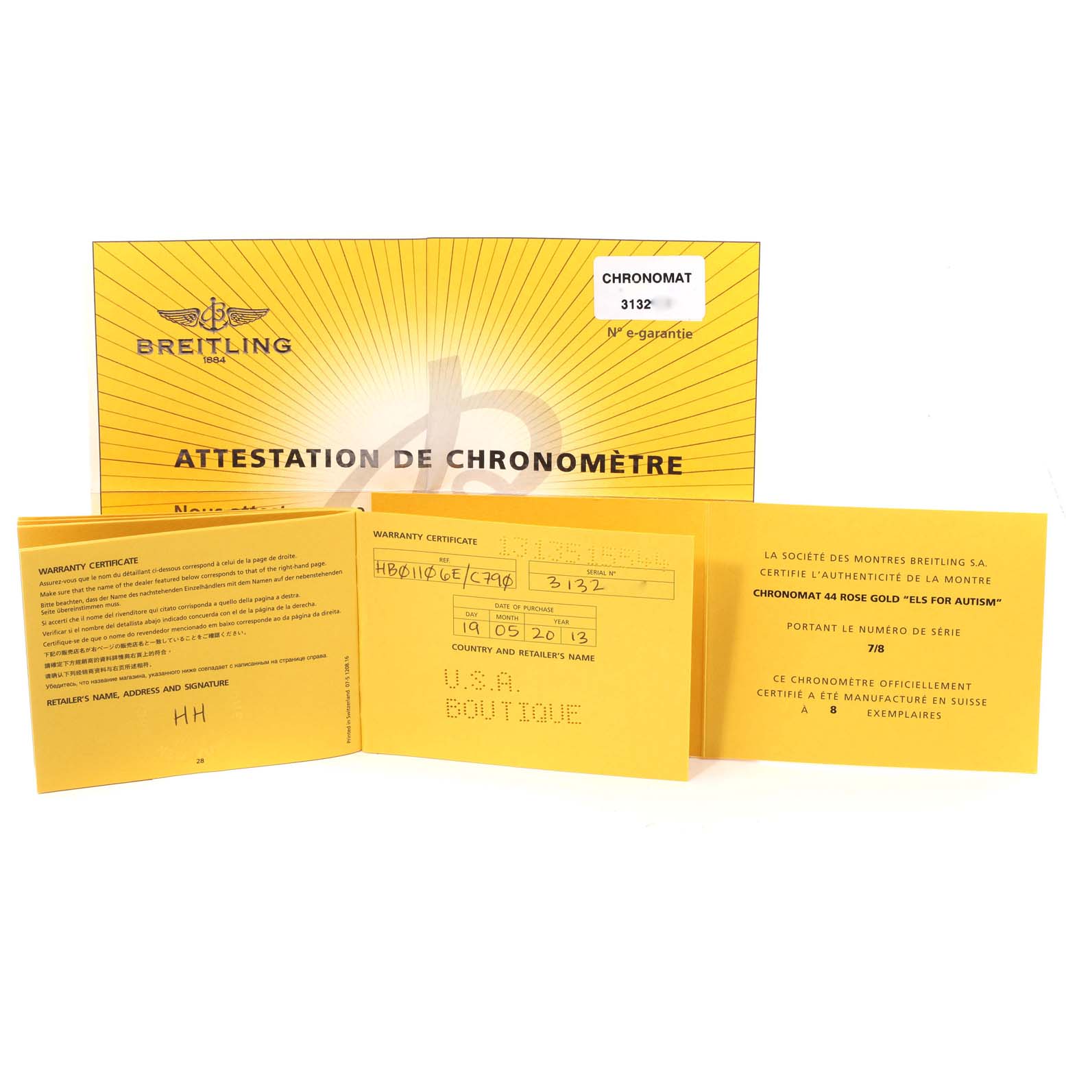 The image shows the warranty certificate and documentation for a Breitling Chronomat HB0110 Men's Rose Gold Blue Dial HB0110 Men's Rose Gold Blue Dial watch, model 3132.