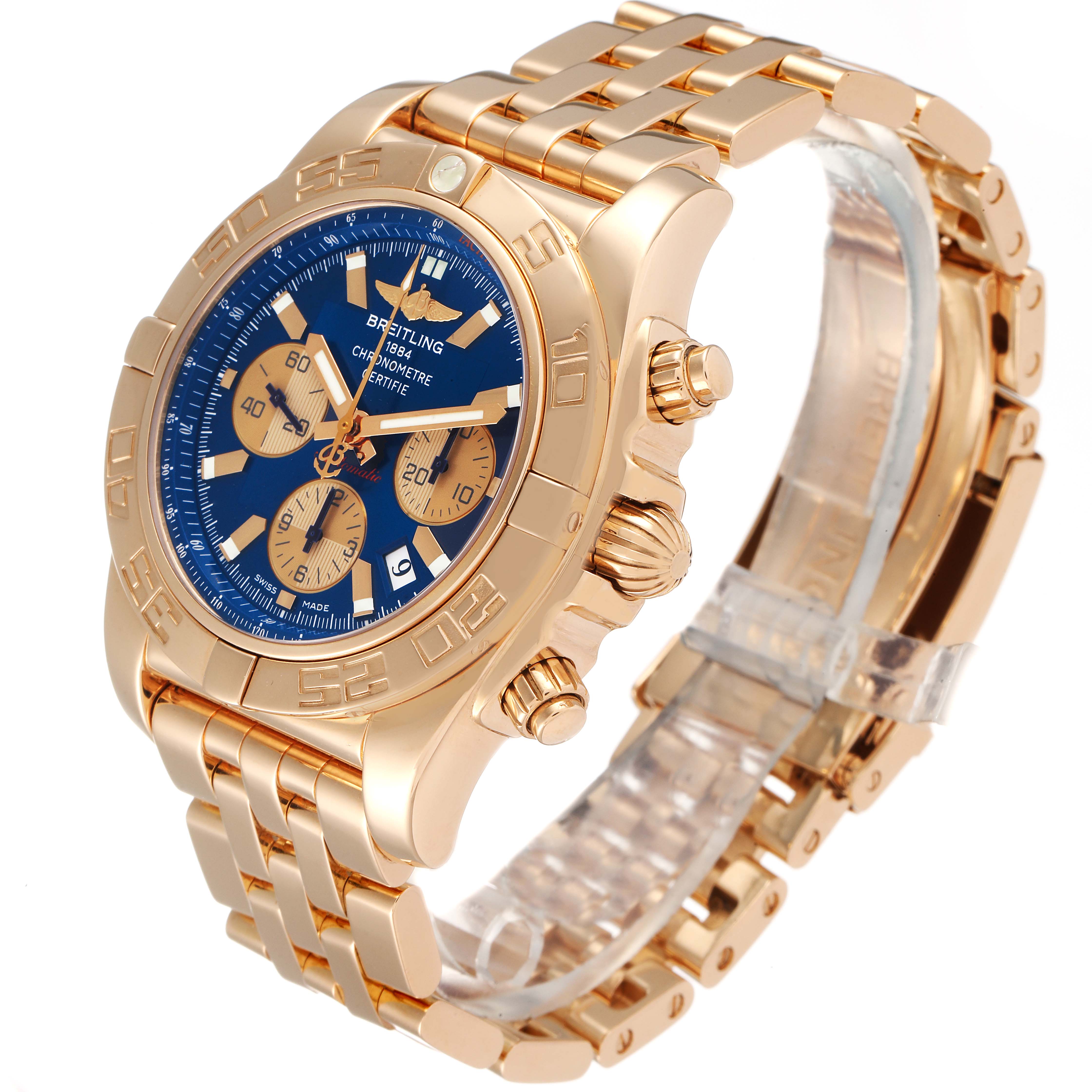 Breitling Chronomat HB0110 Men's Rose Gold Blue Dial HB0110 Men's Rose Gold Blue Dial watch shown at an angle, highlighting the dial, bezel, crown, pushers, and bracelet.
