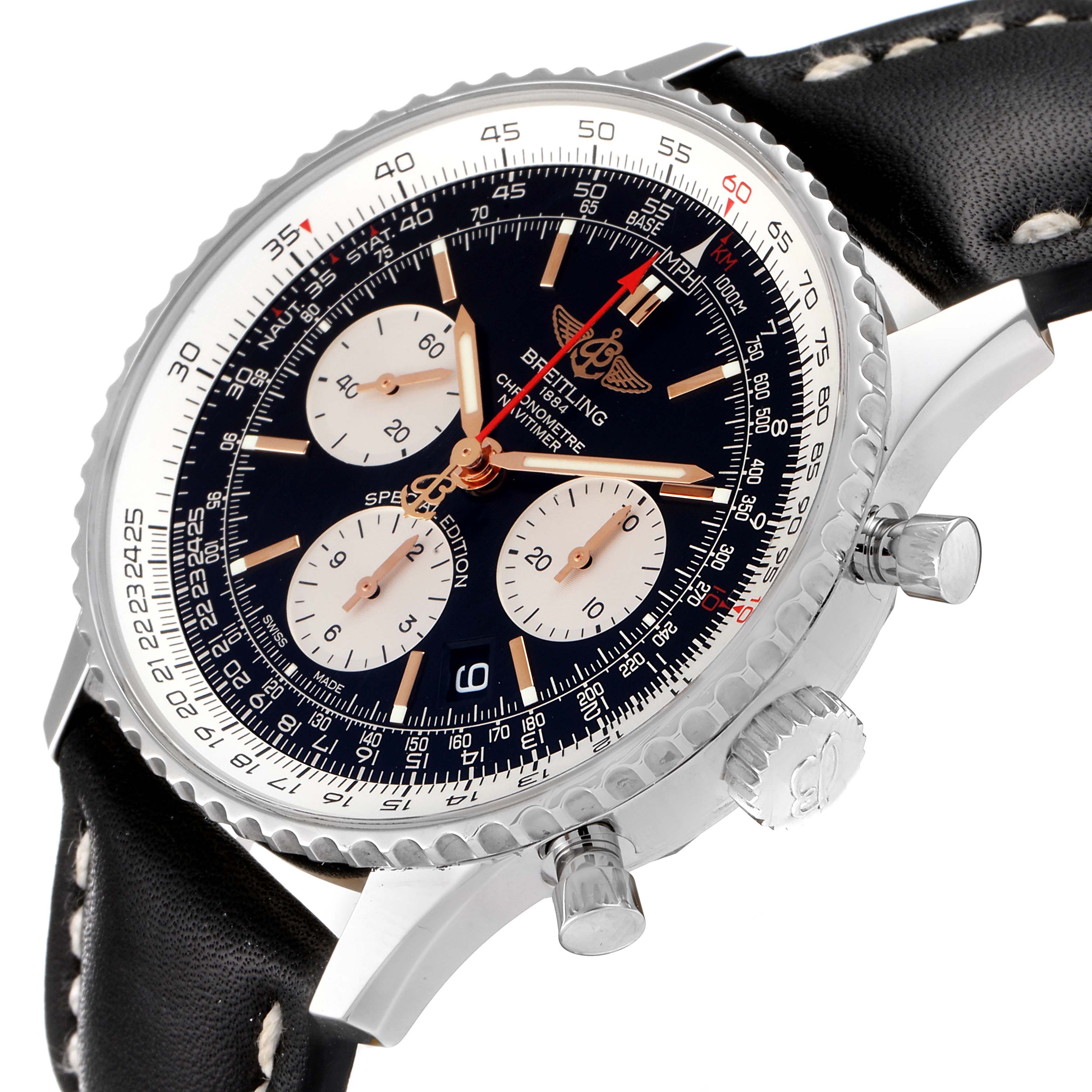 The image shows a close-up angled view of a Breitling Navitimer AB0121 Men
s Stainless Steel Black Dial AB0121 Men
s Stainless Steel Black Dial watch, highlighting the dial, bezel, crown, and chronograph buttons.