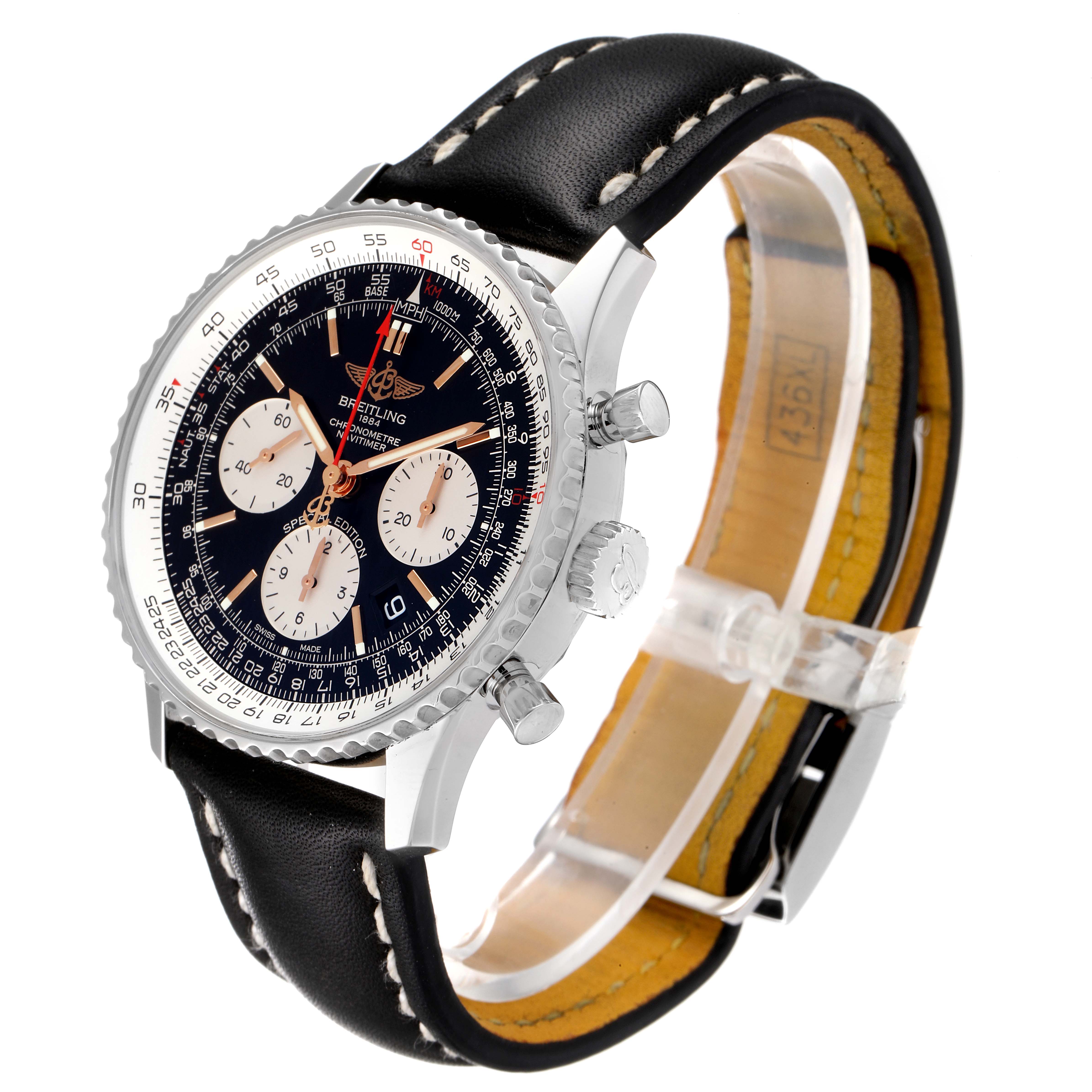 The image shows a Breitling Navitimer AB0121 Men
s Stainless Steel Black Dial AB0121 Men
s Stainless Steel Black Dial watch at a slight left-side angle, highlighting the face, bezel, and leather strap.