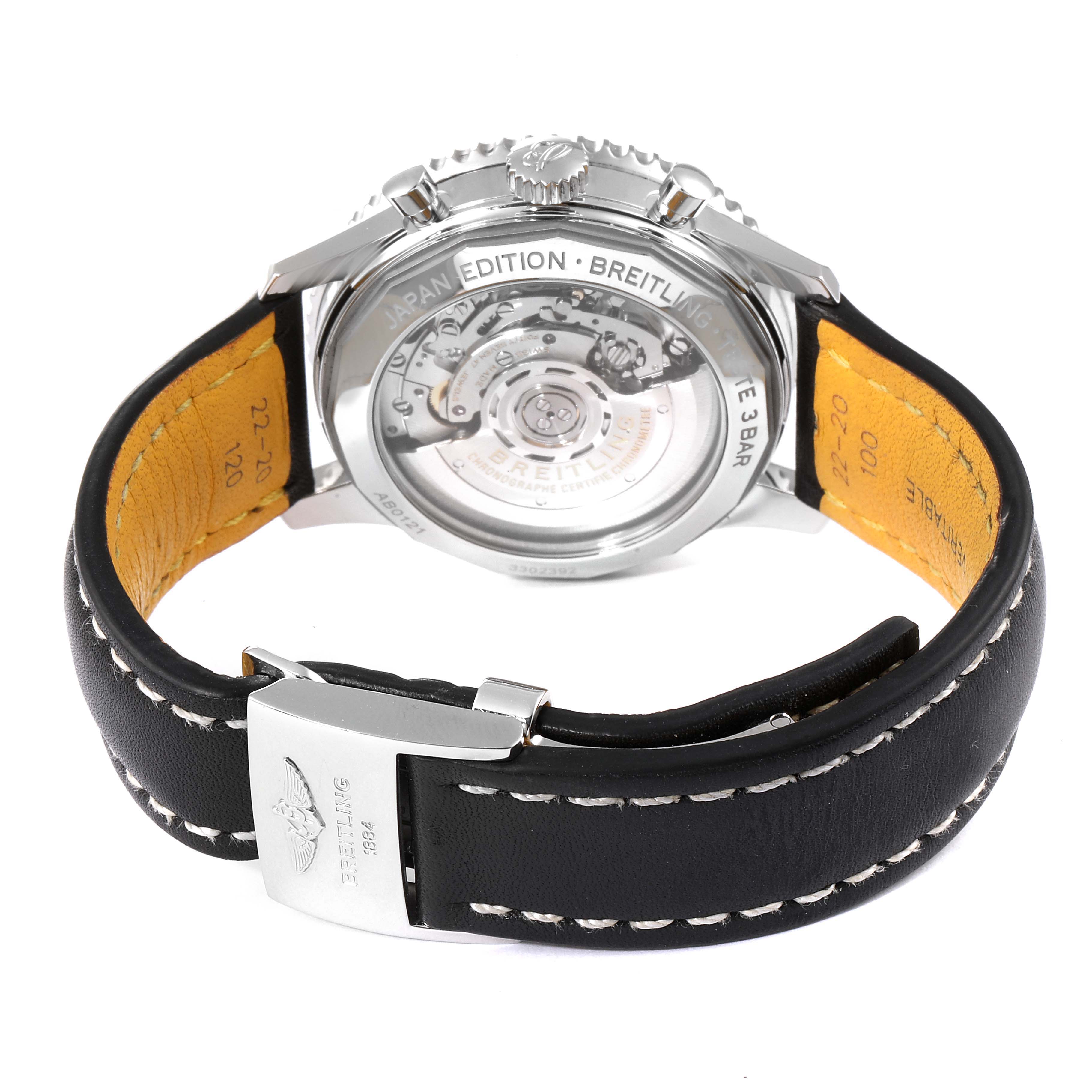 This image shows the back view of the Breitling Navitimer AB0121 Men
s Stainless Steel Black Dial AB0121 Men
s Stainless Steel Black Dial watch, displaying its transparent case back and leather strap.