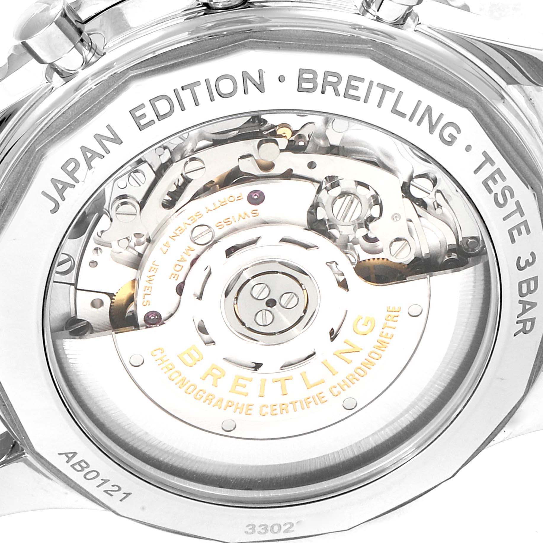 The image shows the back case of the Breitling Navitimer AB0121 Men
s Stainless Steel Black Dial AB0121 Men
s Stainless Steel Black Dial watch, revealing the internal mechanism and "Japan Edition" engraving.