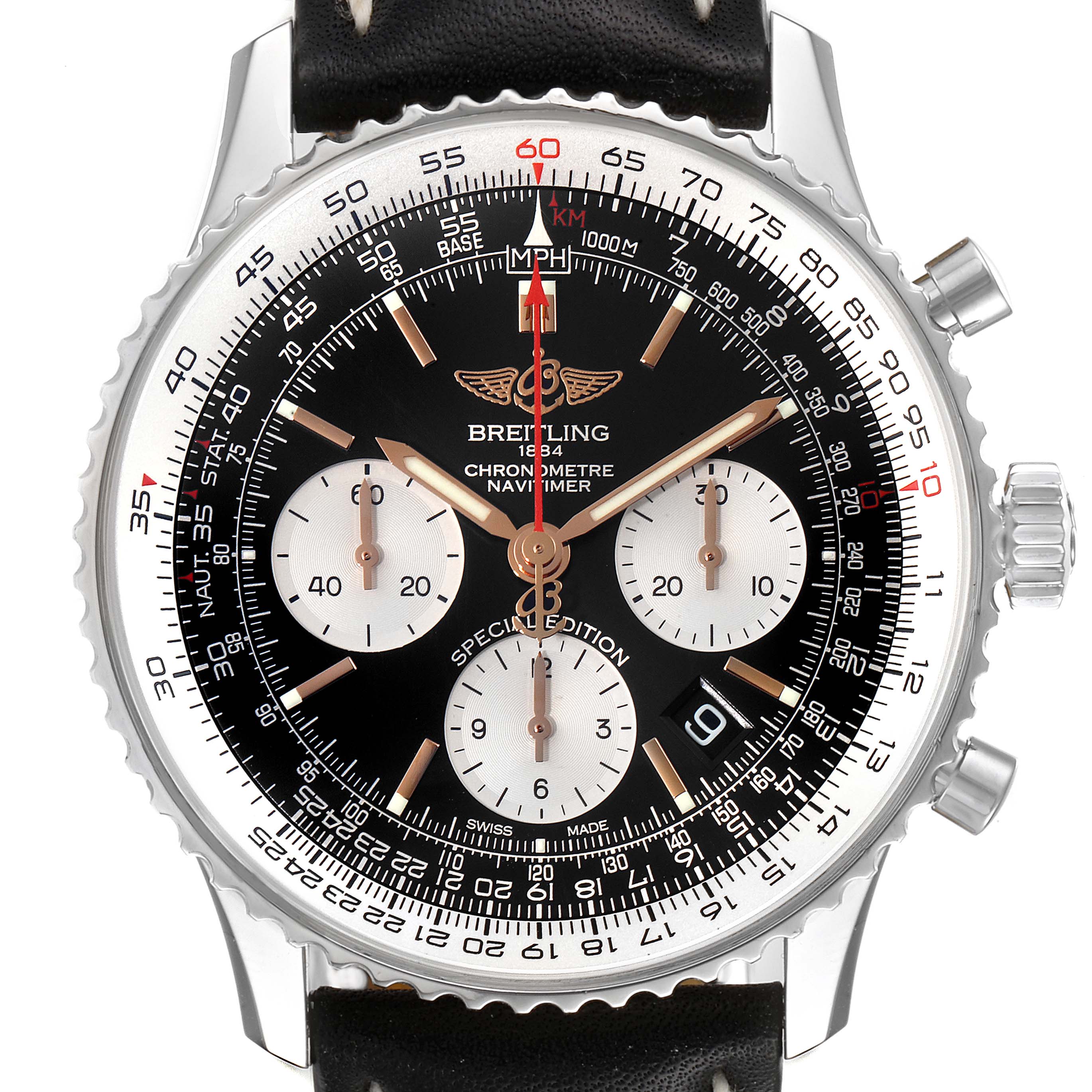 The image shows a close-up front view of the Breitling Navitimer AB0121 Men
s Stainless Steel Black Dial AB0121 Men
s Stainless Steel Black Dial watch, displaying the face, bezel, and part of the strap.
