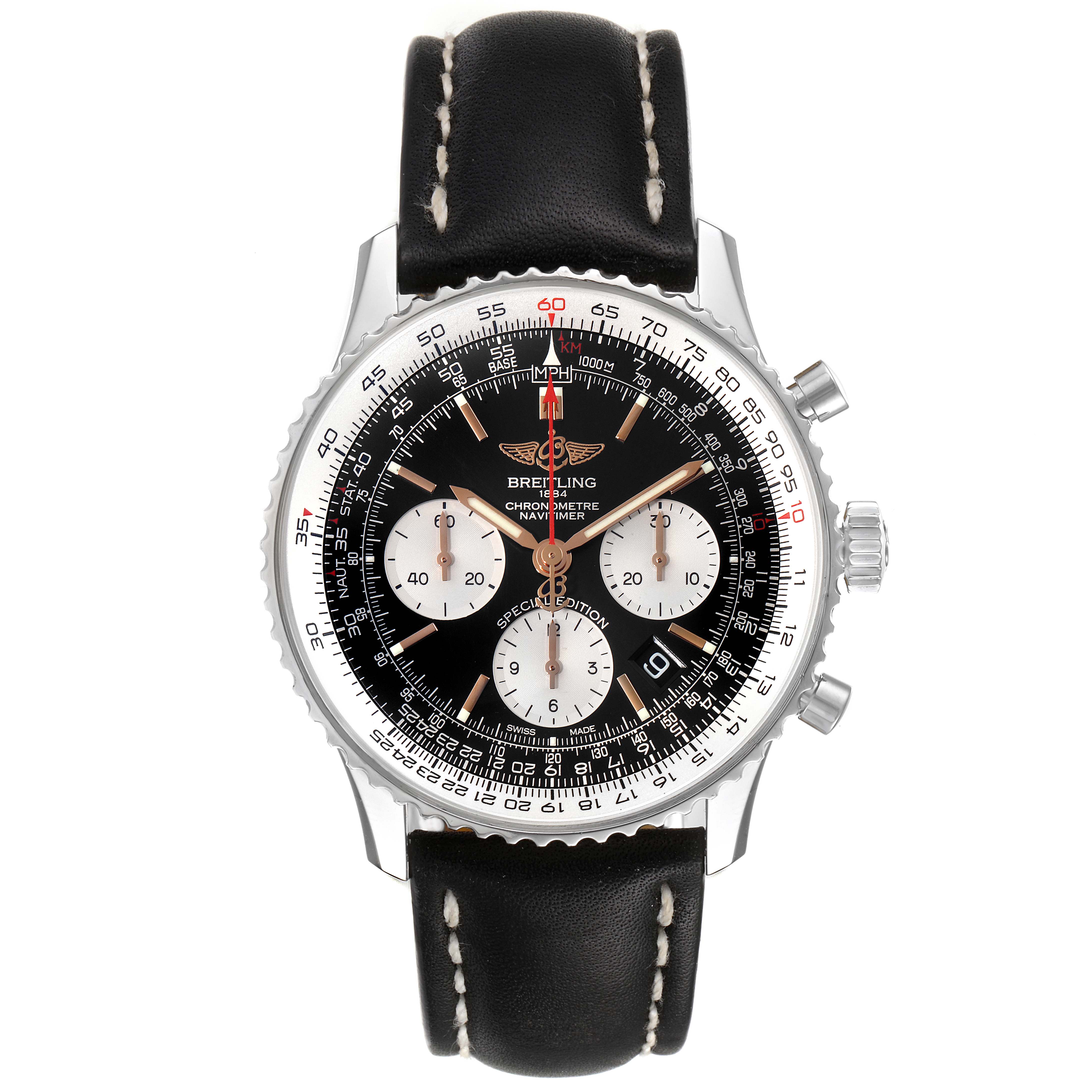 The Breitling Navitimer AB0121 Men
s Stainless Steel Black Dial AB0121 Men
s Stainless Steel Black Dial watch is shown from a front angle, featuring its dial, chronograph sub-dials, date window, and leather strap.
