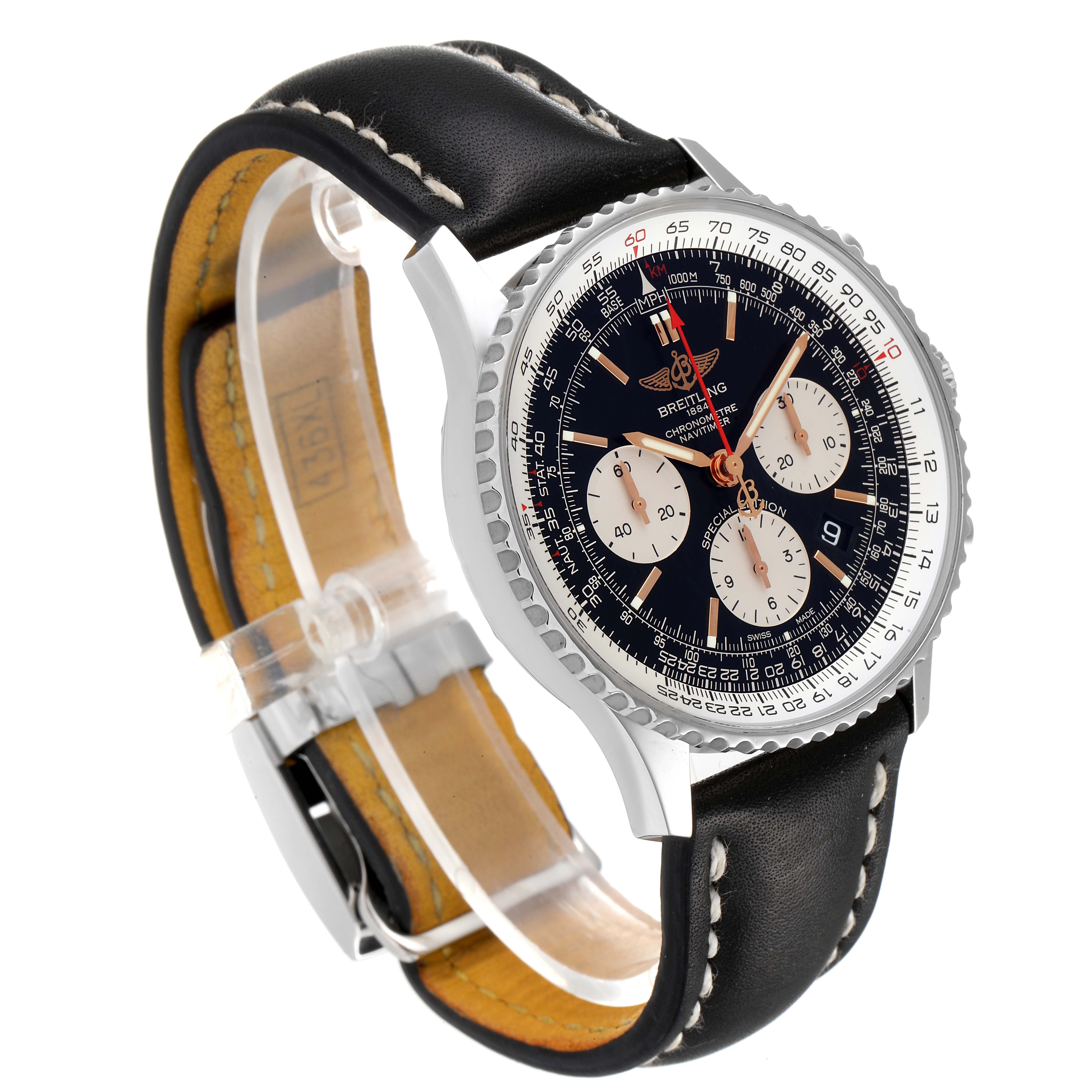 This Breitling Navitimer AB0121 Men
s Stainless Steel Black Dial AB0121 Men
s Stainless Steel Black Dial watch is shown at a 3/4 angle, displaying the face, bezel, leather strap, and buckle.