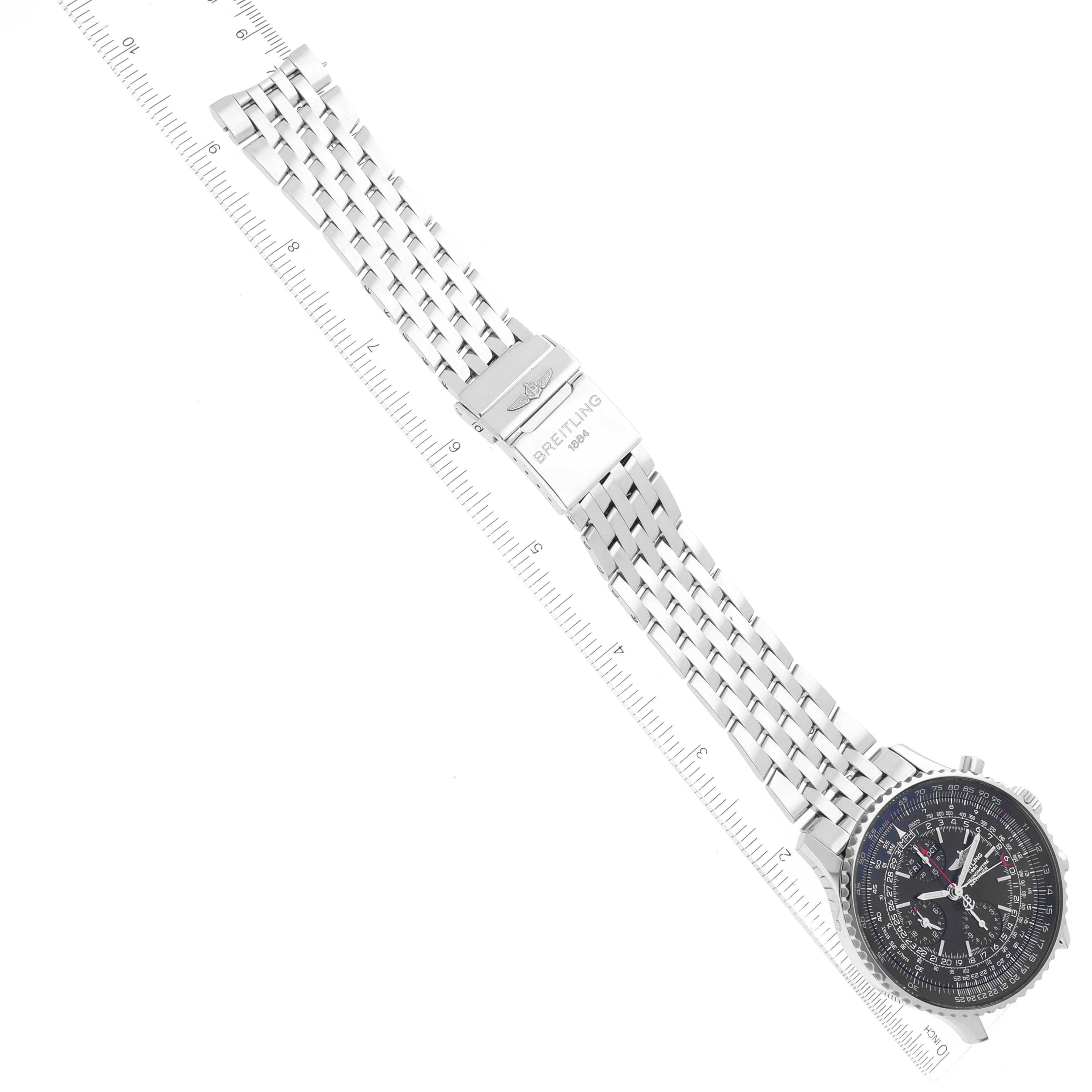 The image shows a Breitling Navitimer A2135024/BE62-453A Men's Stainless Steel Black Dial A2135024/BE62-453A Men's Stainless Steel Black Dial watch at a top-down angle, featuring its dial, bracelet, and clasp.