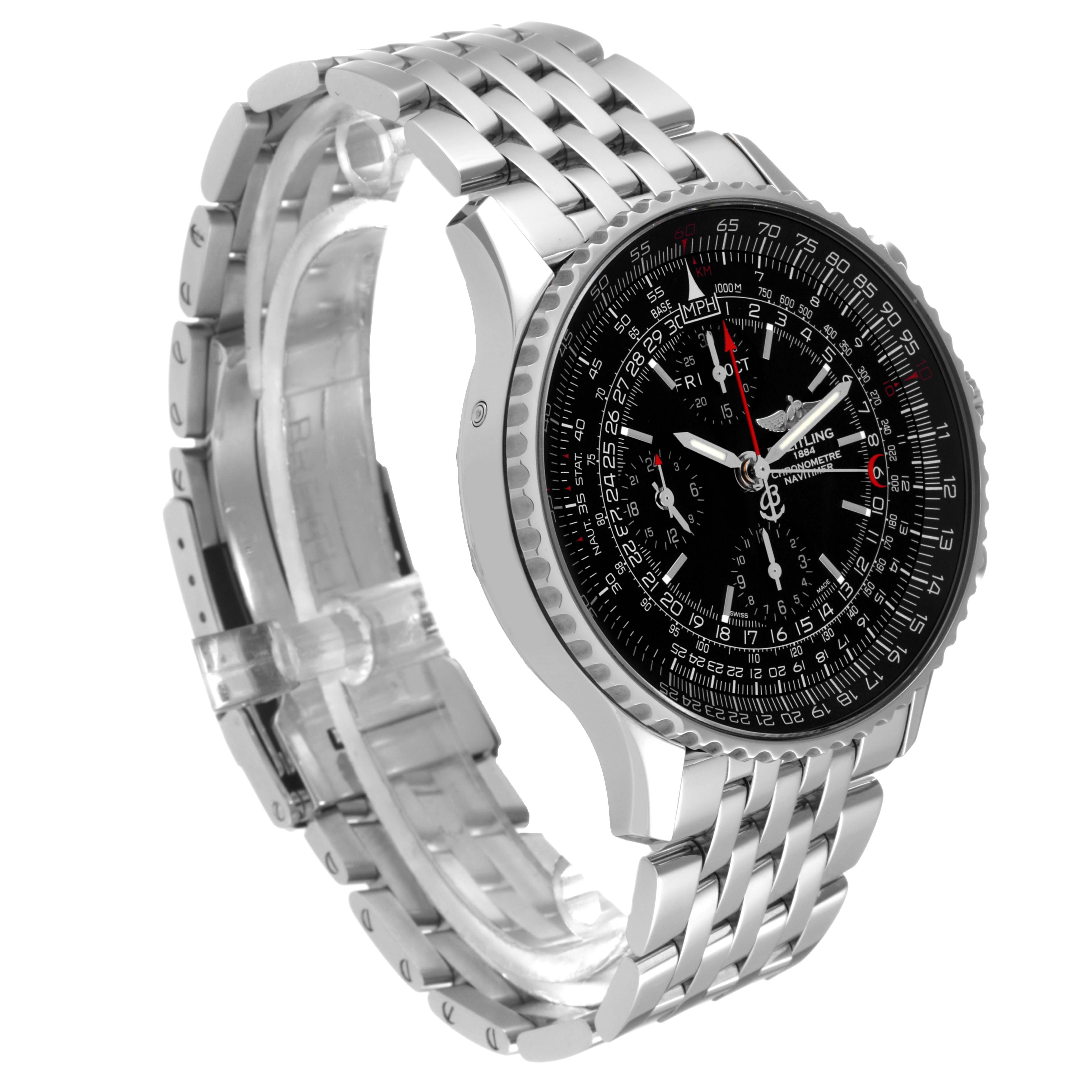 This image shows a Breitling Navitimer A2135024/BE62-453A Men's Stainless Steel Black Dial A2135024/BE62-453A Men's Stainless Steel Black Dial watch at a slight angle, highlighting its intricate dial and metal bracelet.