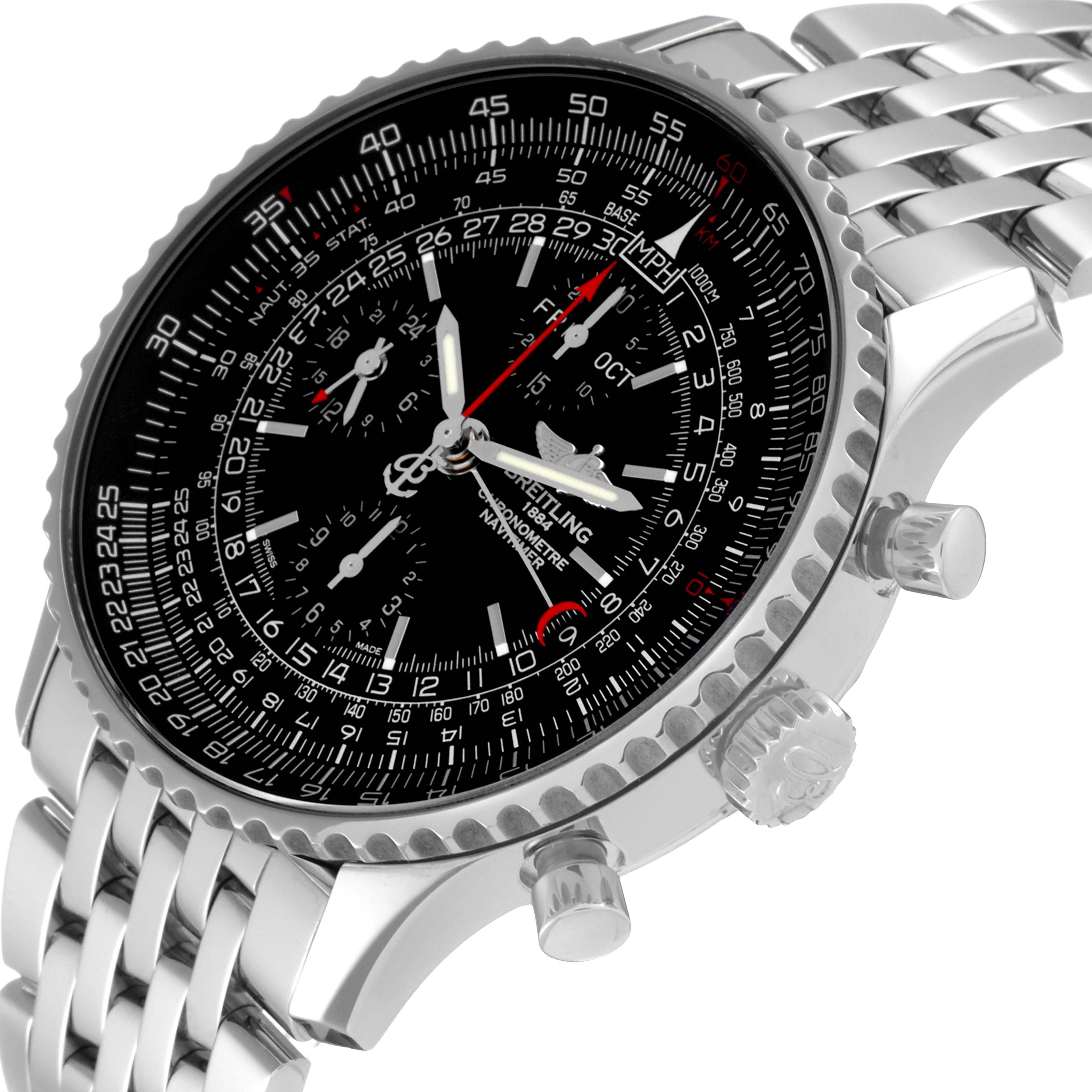 The image shows a close-up angled view of the Breitling Navitimer A2135024/BE62-453A Men's Stainless Steel Black Dial A2135024/BE62-453A Men's Stainless Steel Black Dial watch, highlighting the face, bezel, crown, pushers, and bracelet.