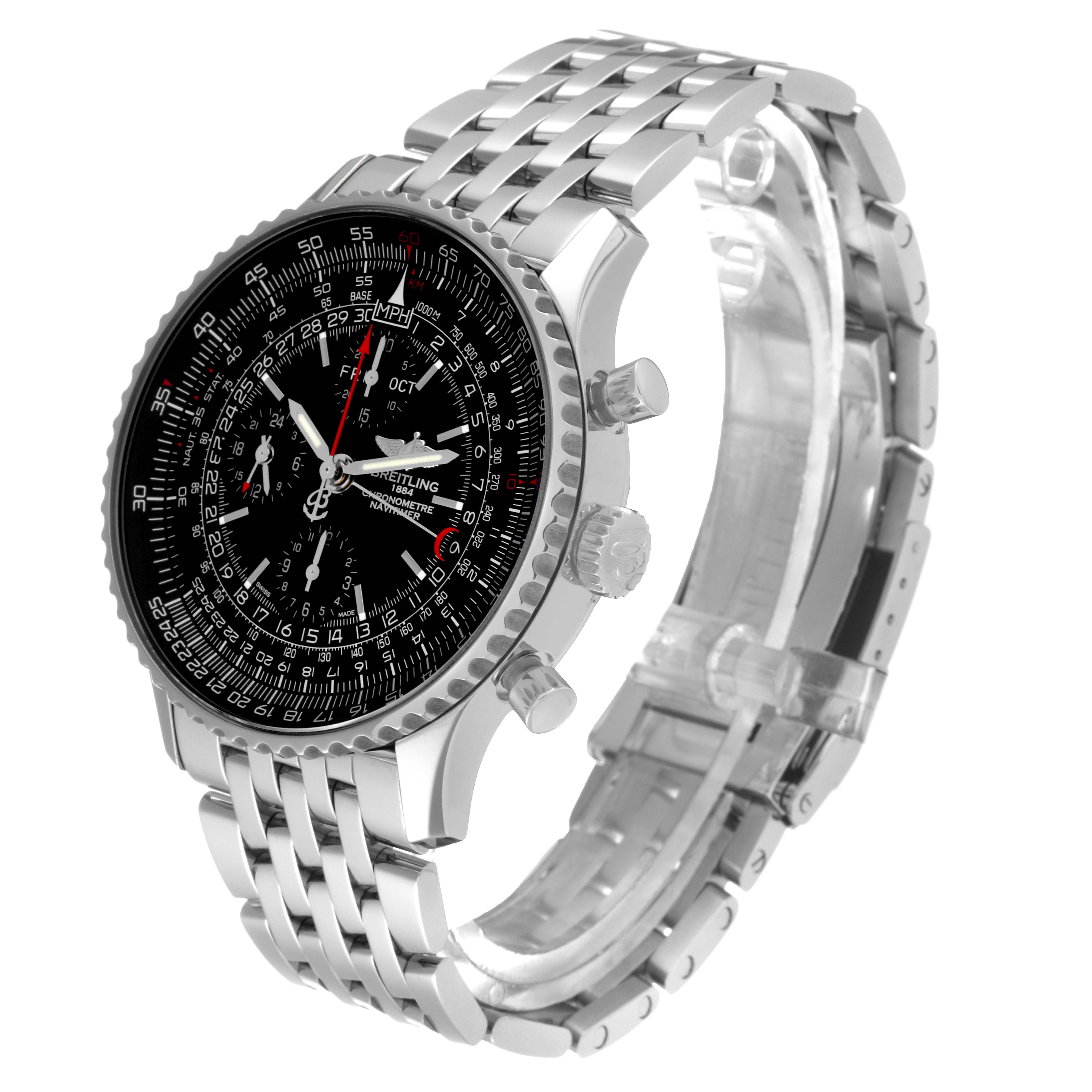 The image shows a side-angle view of a Breitling Navitimer A2135024/BE62-453A Men's Stainless Steel Black Dial A2135024/BE62-453A Men's Stainless Steel Black Dial watch, highlighting the watch face, crown, pushers, and metal bracelet.