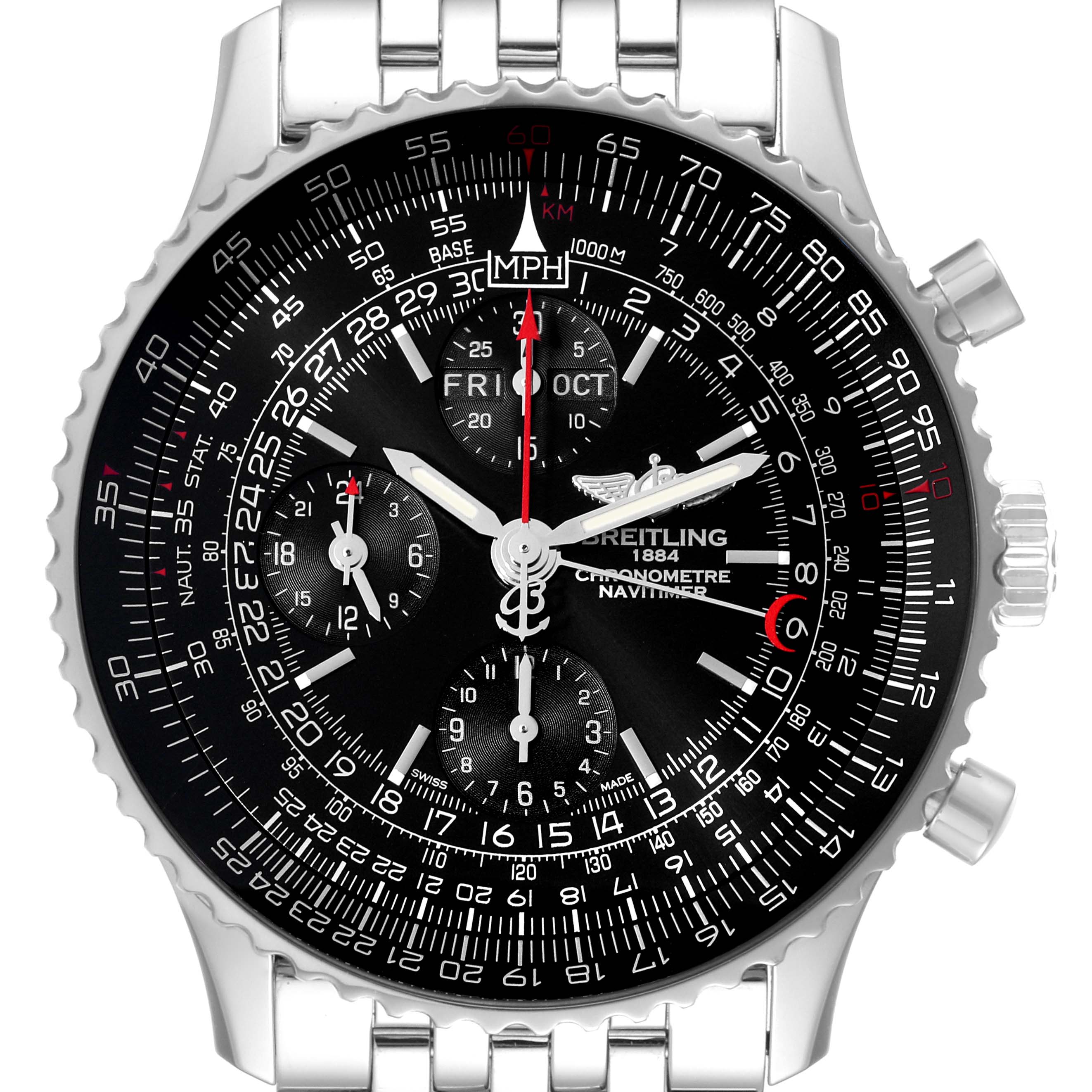This image shows a front view of a Breitling Navitimer A2135024/BE62-453A Men's Stainless Steel Black Dial A2135024/BE62-453A Men's Stainless Steel Black Dial watch, highlighting the detailed dial and stainless steel bracelet.