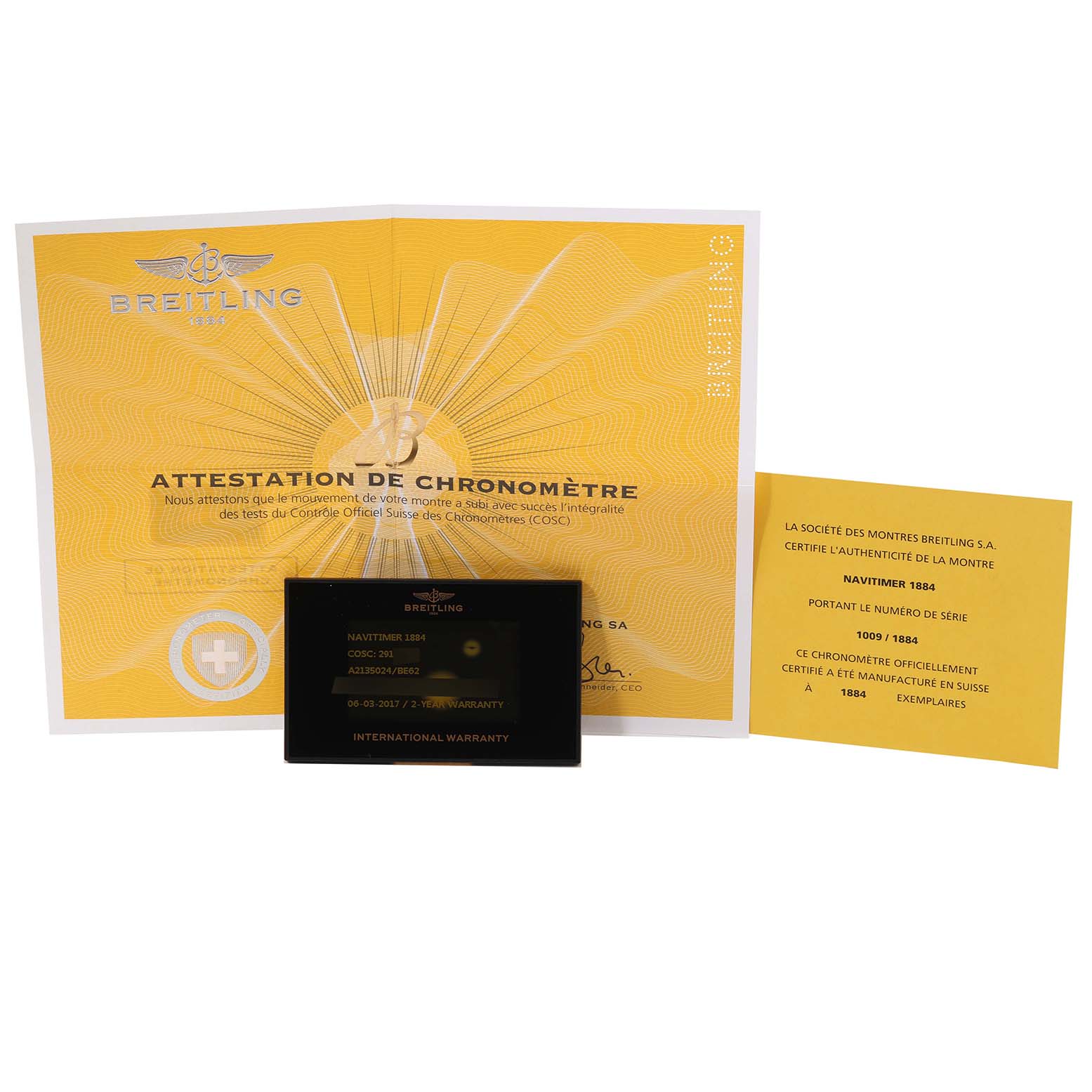 The image shows warranty documents and a certificate for a Breitling Navitimer A2135024/BE62-453A Men's Stainless Steel Black Dial A2135024/BE62-453A Men's Stainless Steel Black Dial watch.