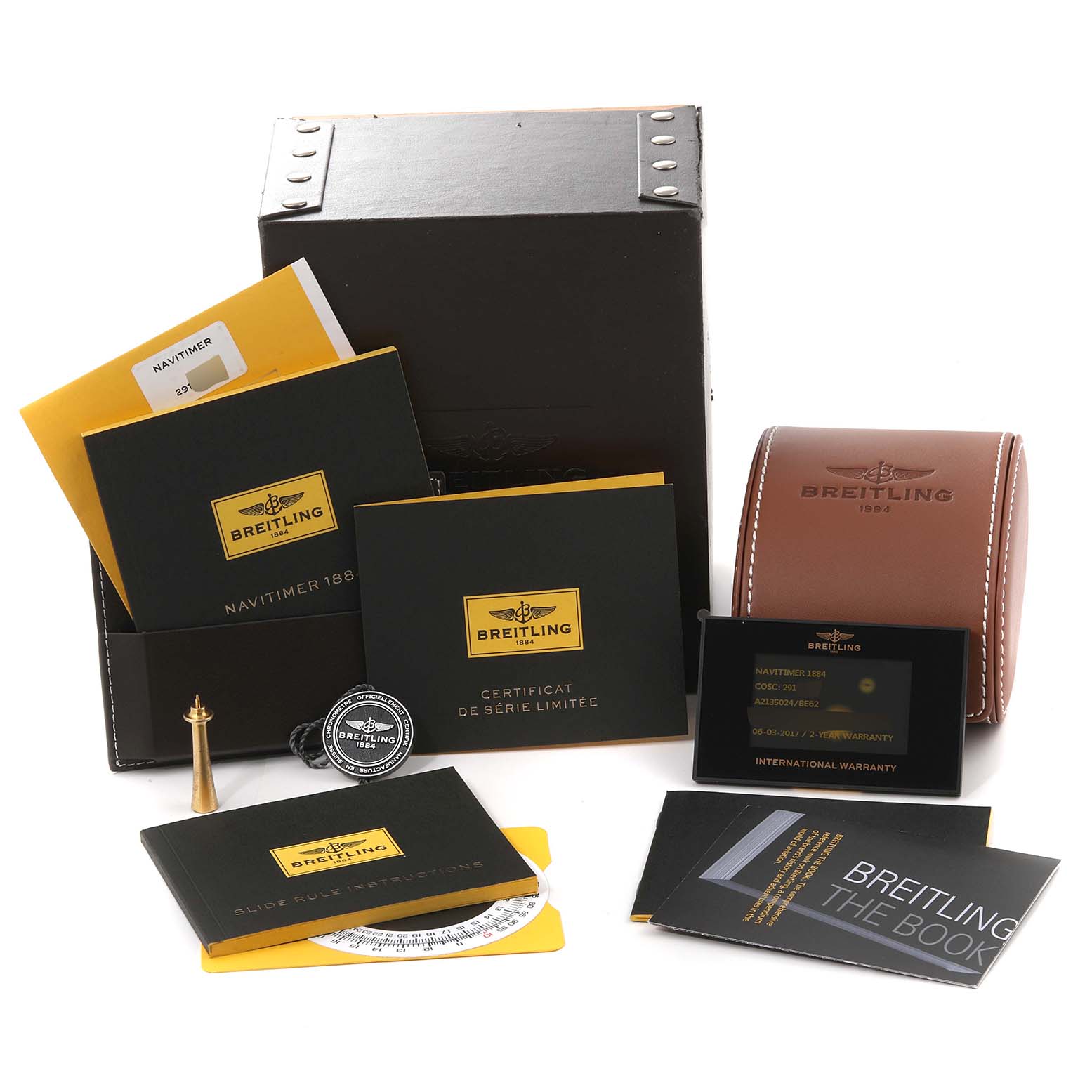 The image shows the packaging, manuals, and warranty card for the Breitling Navitimer A2135024/BE62-453A Men's Stainless Steel Black Dial A2135024/BE62-453A Men's Stainless Steel Black Dial watch, including a brown leather case and black box.
