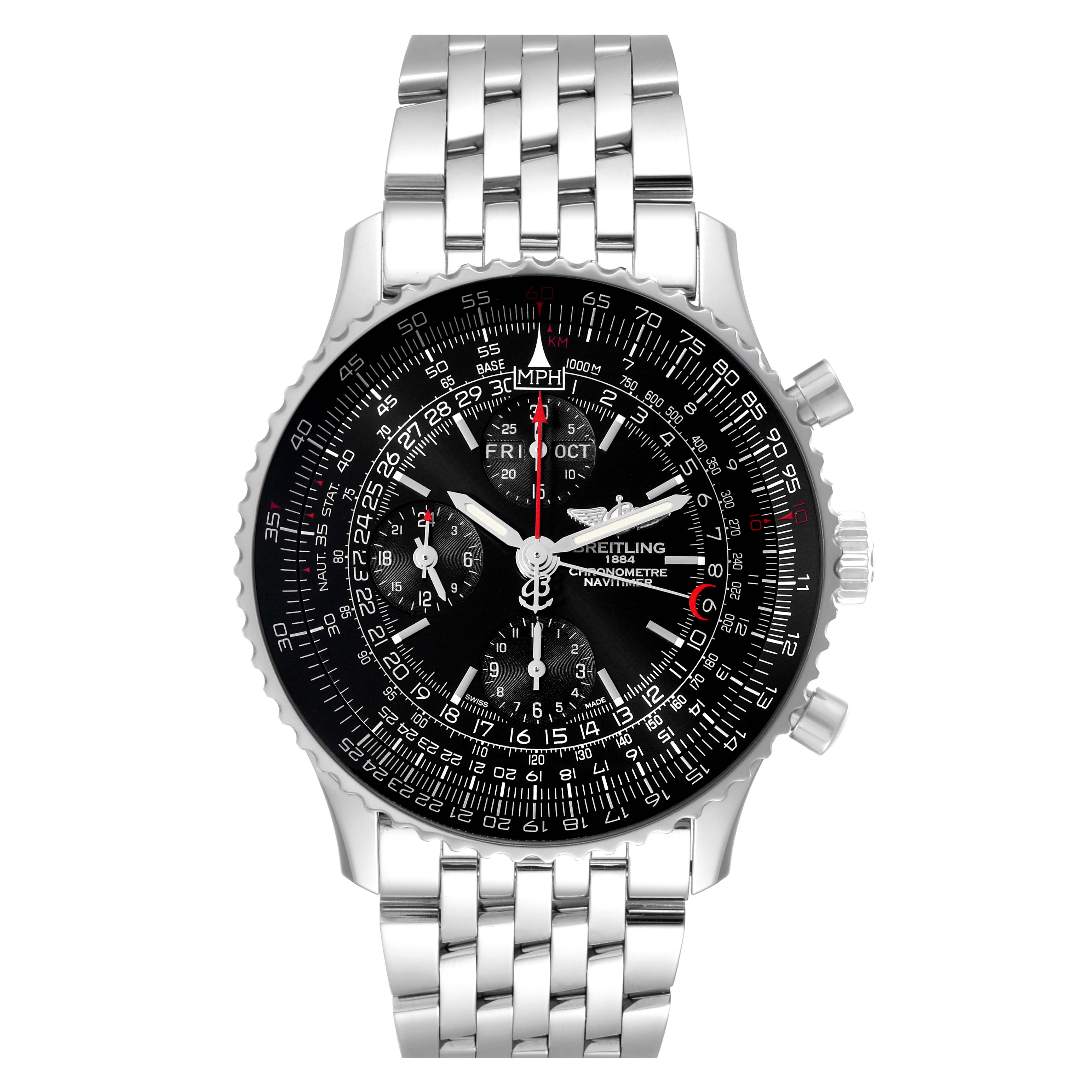 A frontal view of the Breitling Navitimer A2135024/BE62-453A Men's Stainless Steel Black Dial A2135024/BE62-453A Men's Stainless Steel Black Dial model watch shows the dial, chronograph subdials, and metal bracelet.