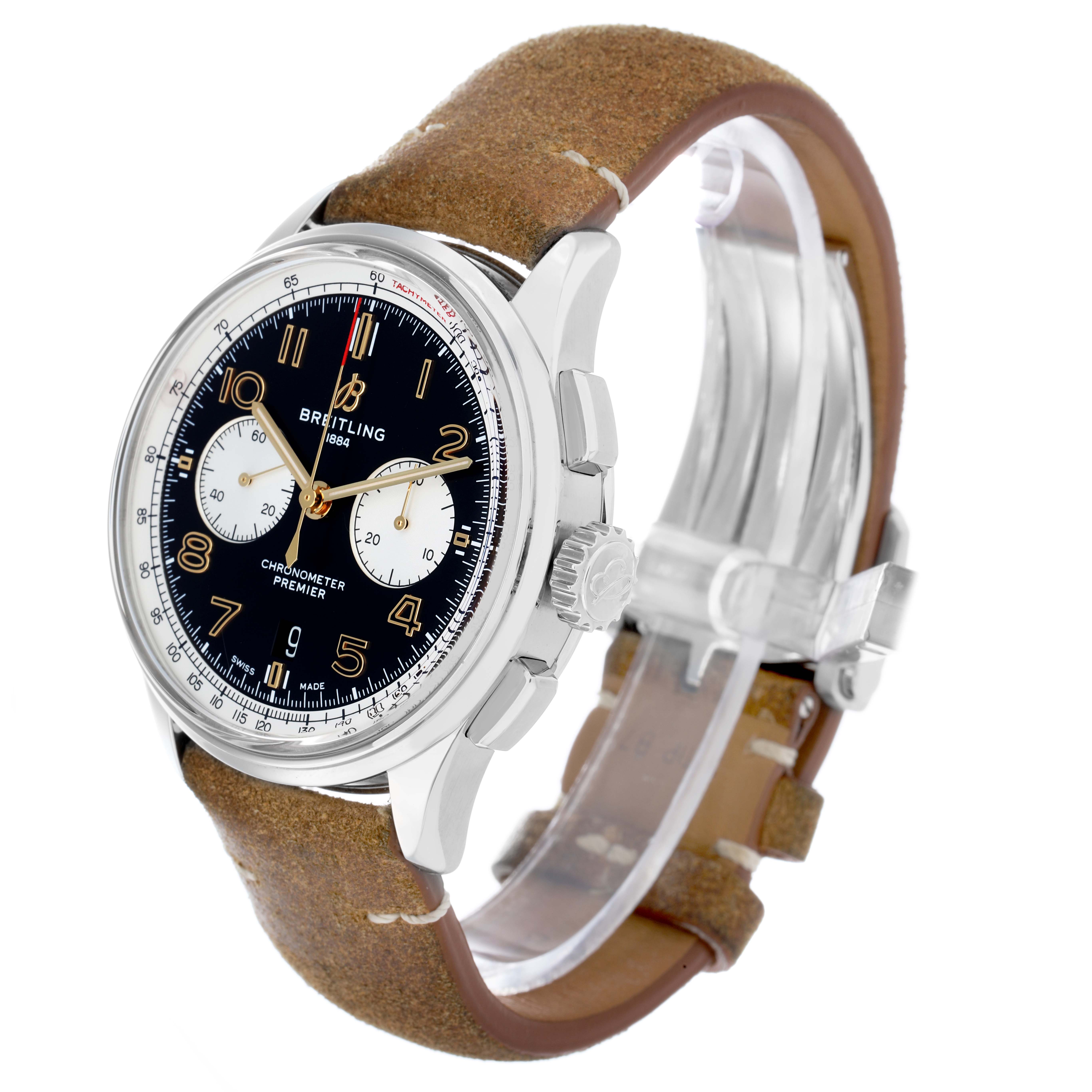 The Breitling Premier AB0118 Men's Stainless Steel Black Dial watch is shown at an angled side view displaying the dial, case, crown, pushers, and leather strap.