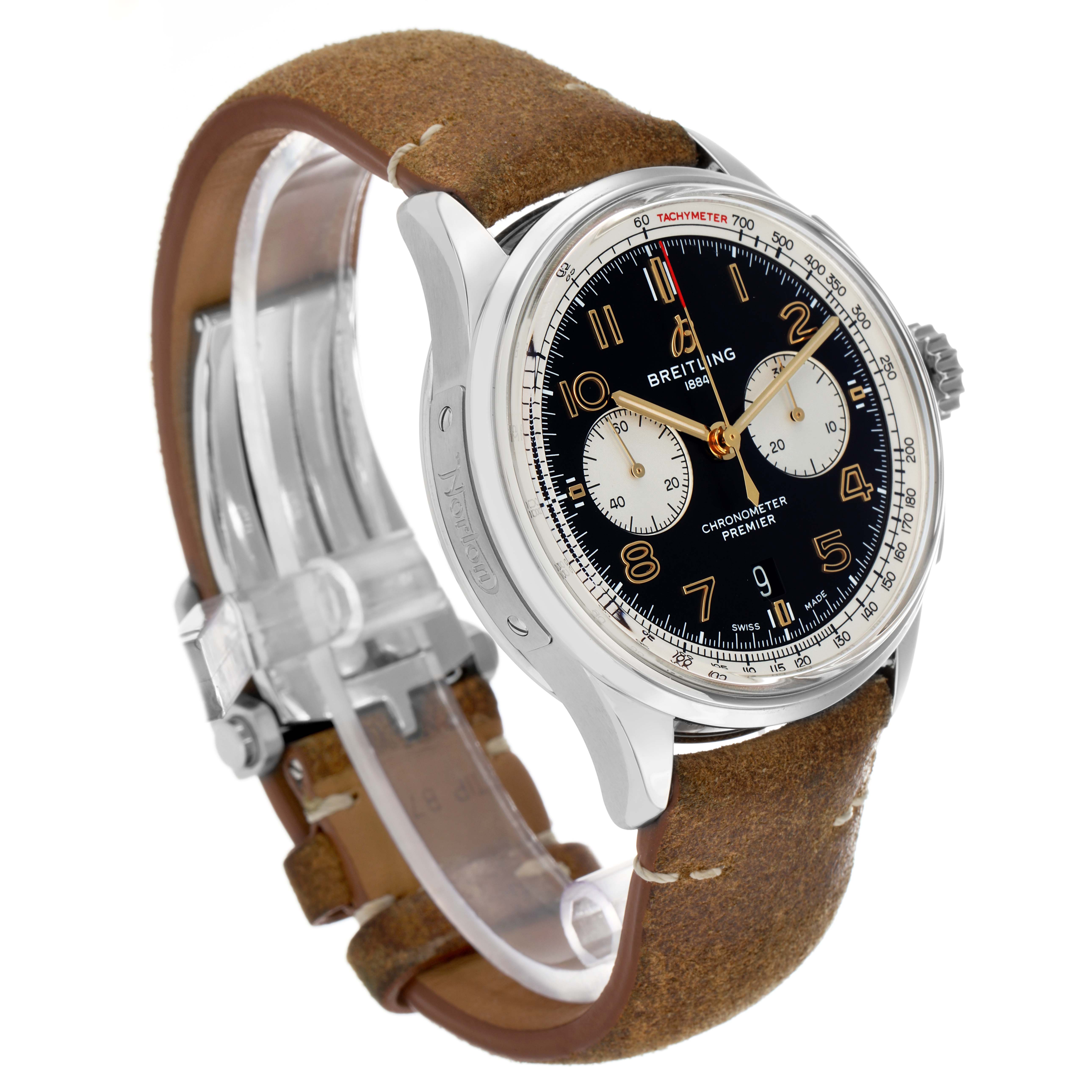 The Breitling Premier AB0118 Men's Stainless Steel Black Dial watch is shown at a side angle, displaying the dial, strap, crown, and clasp.