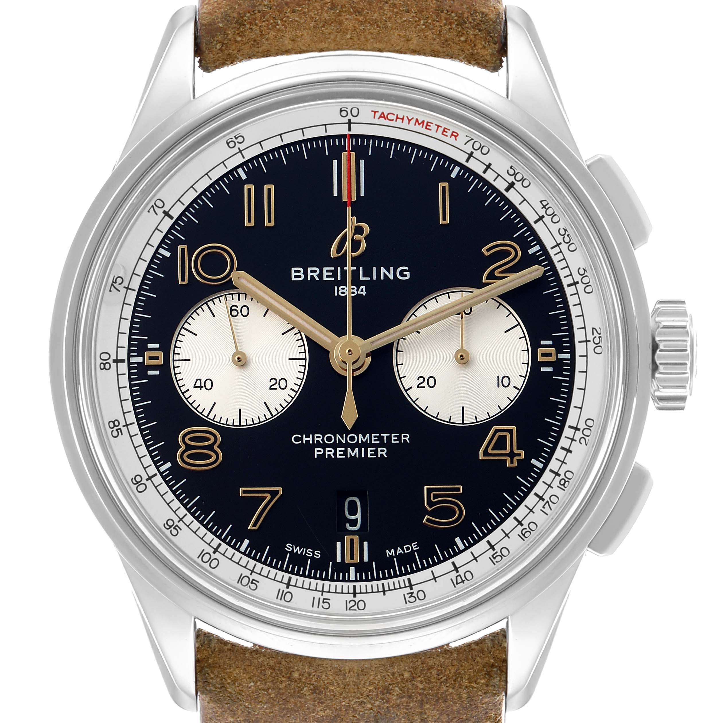 The Breitling Premier AB0118 Men's Stainless Steel Black Dial watch is shown from the front, highlighting its dial, subdials, hands, and tachymeter.