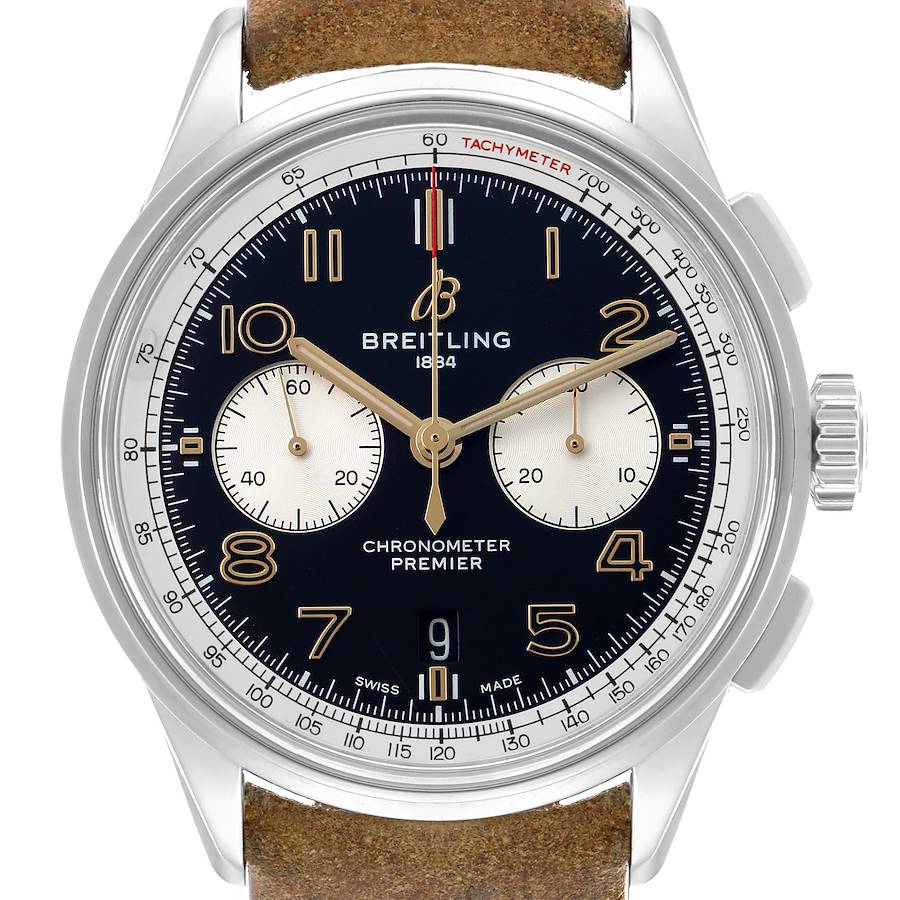 The Breitling Premier AB0118 Men's Stainless Steel Black Dial watch is shown from the front, highlighting its dial, subdials, hands, and tachymeter.