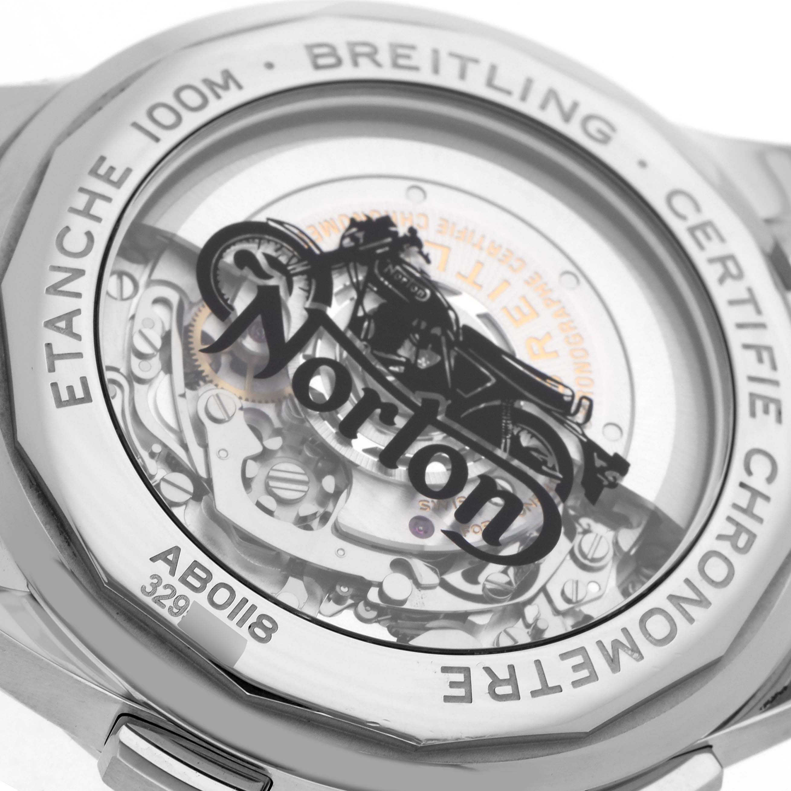 The image shows the back of a Breitling Premier AB0118 Men's Stainless Steel Black Dial watch, highlighting its transparent case back and visible movement.