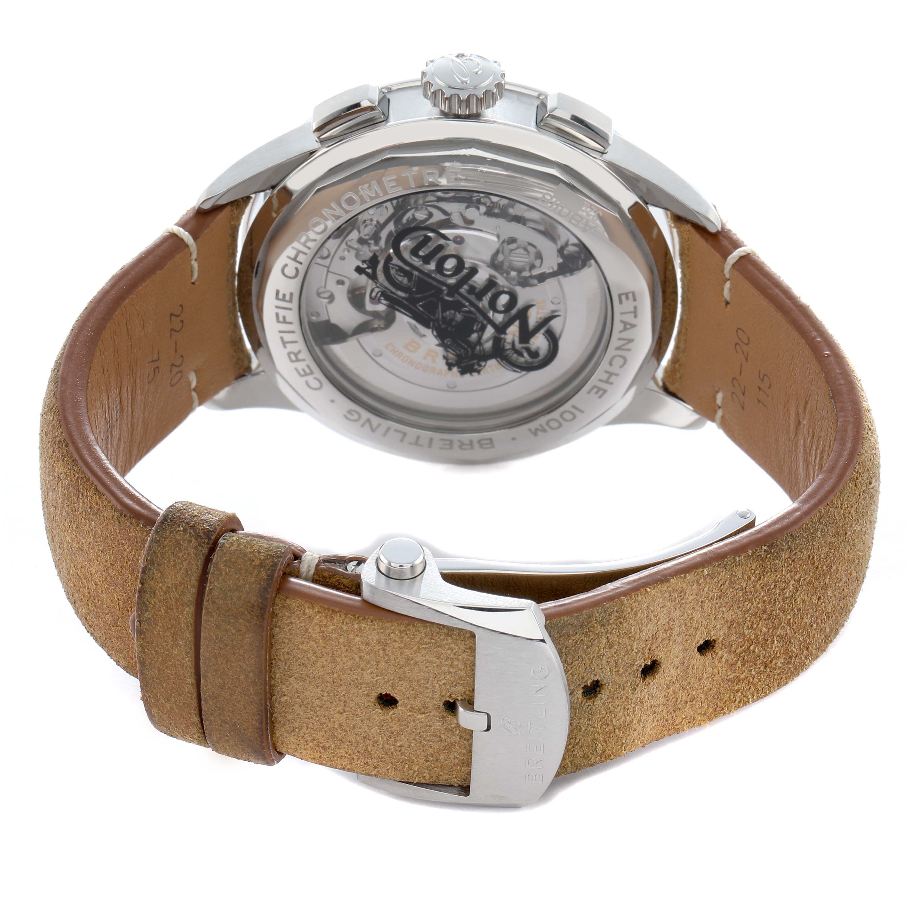 The Breitling Premier AB0118 Men's Stainless Steel Black Dial watch is shown from the back, displaying the transparent case back, crown, and leather strap.