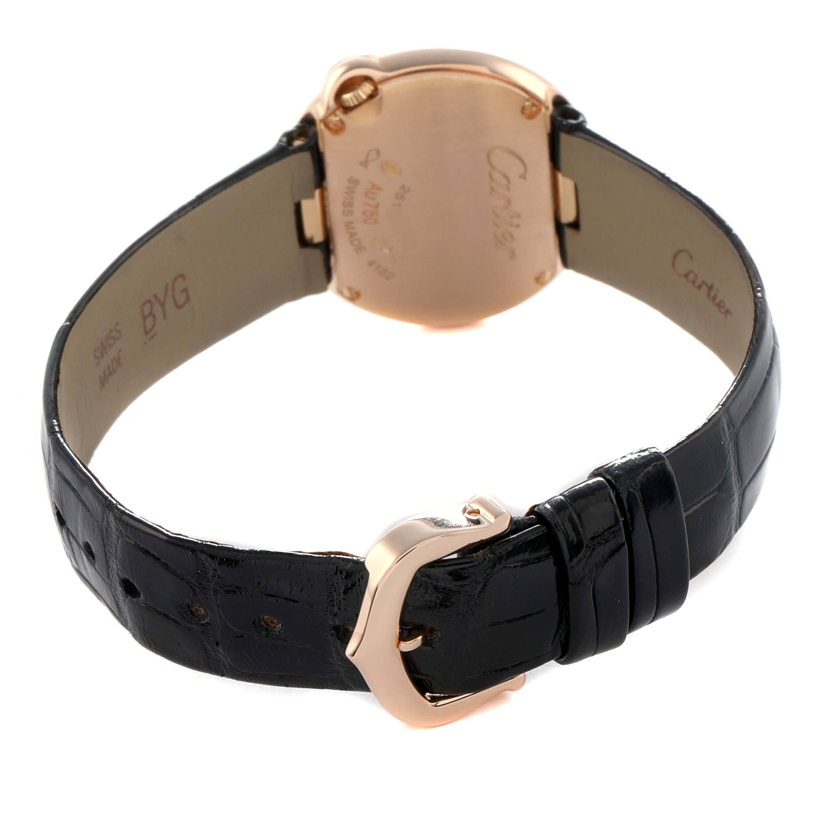 The image shows the back and side of the Cartier Ballon Blanc WGBL0002 Women's Rose Gold Silver Dial watch, featuring its gold-toned case and black leather strap.